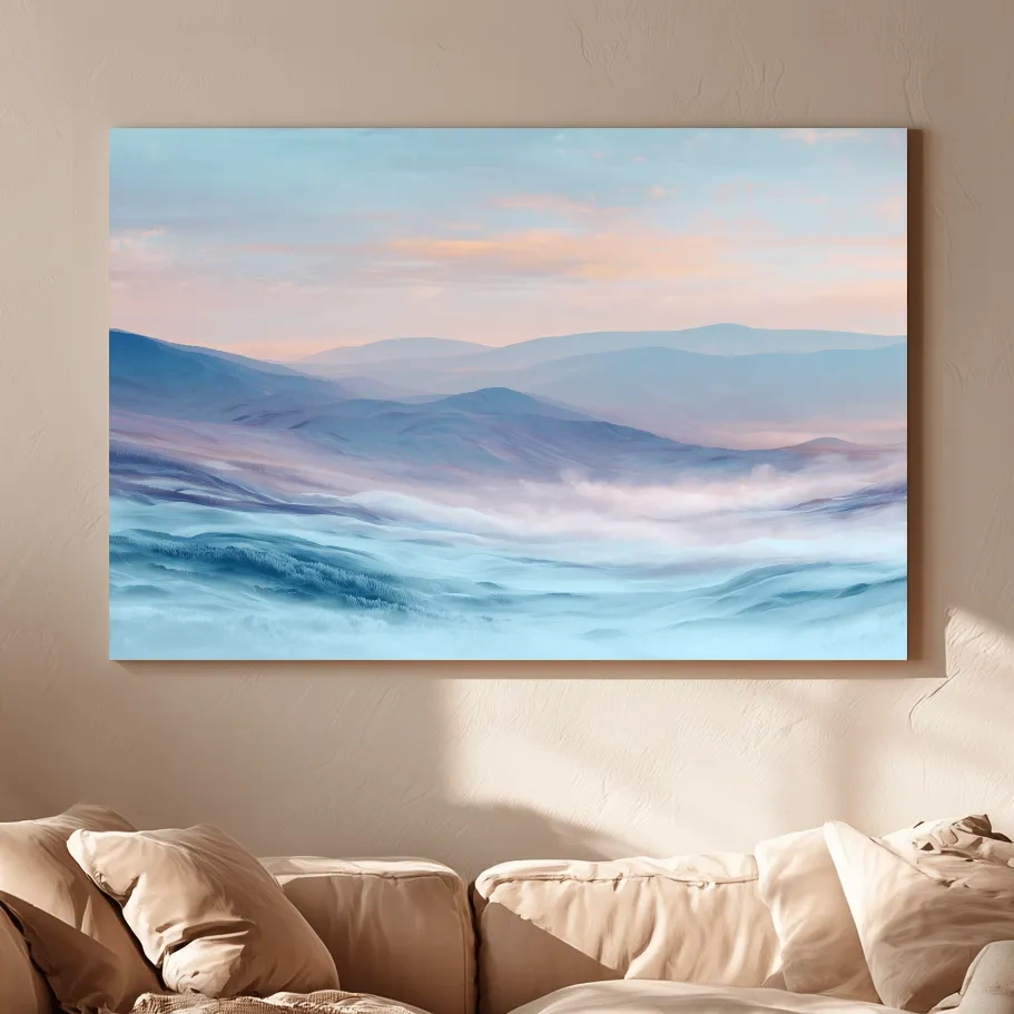 Ethereal Pastel Misty Mountain Landscape - Serene Abstract Forest Wall Art