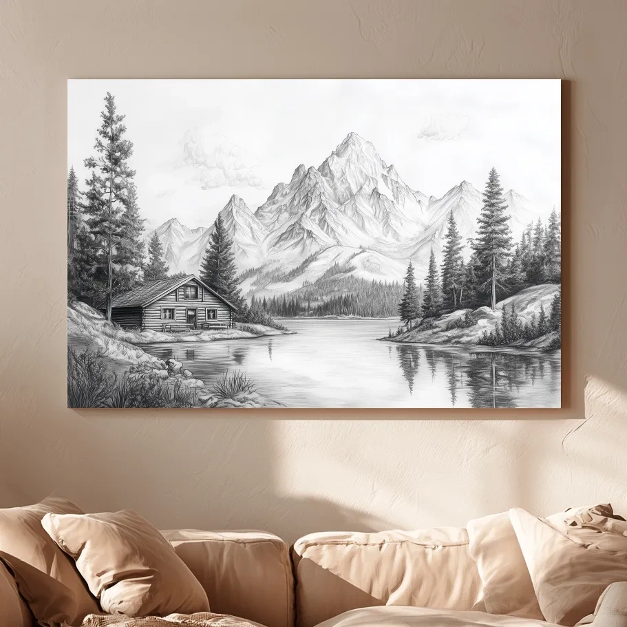 Vintage Pencil Sketch Alpine Lake Cabin - Black And White Mountain Landscape Wall Art