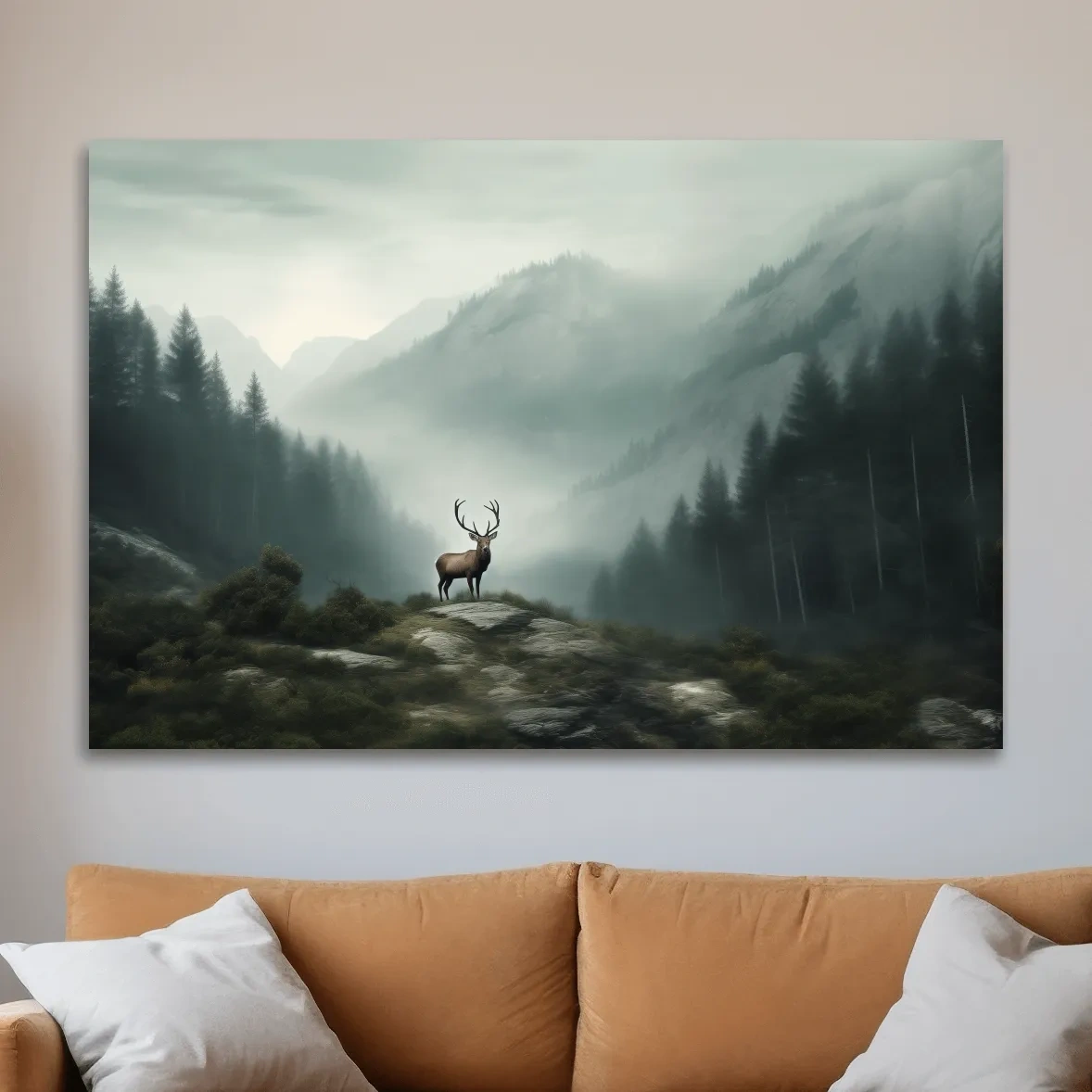 Moody Misty Mountain Deer Landscape - Atmospheric Forest Wildlife Wall Art