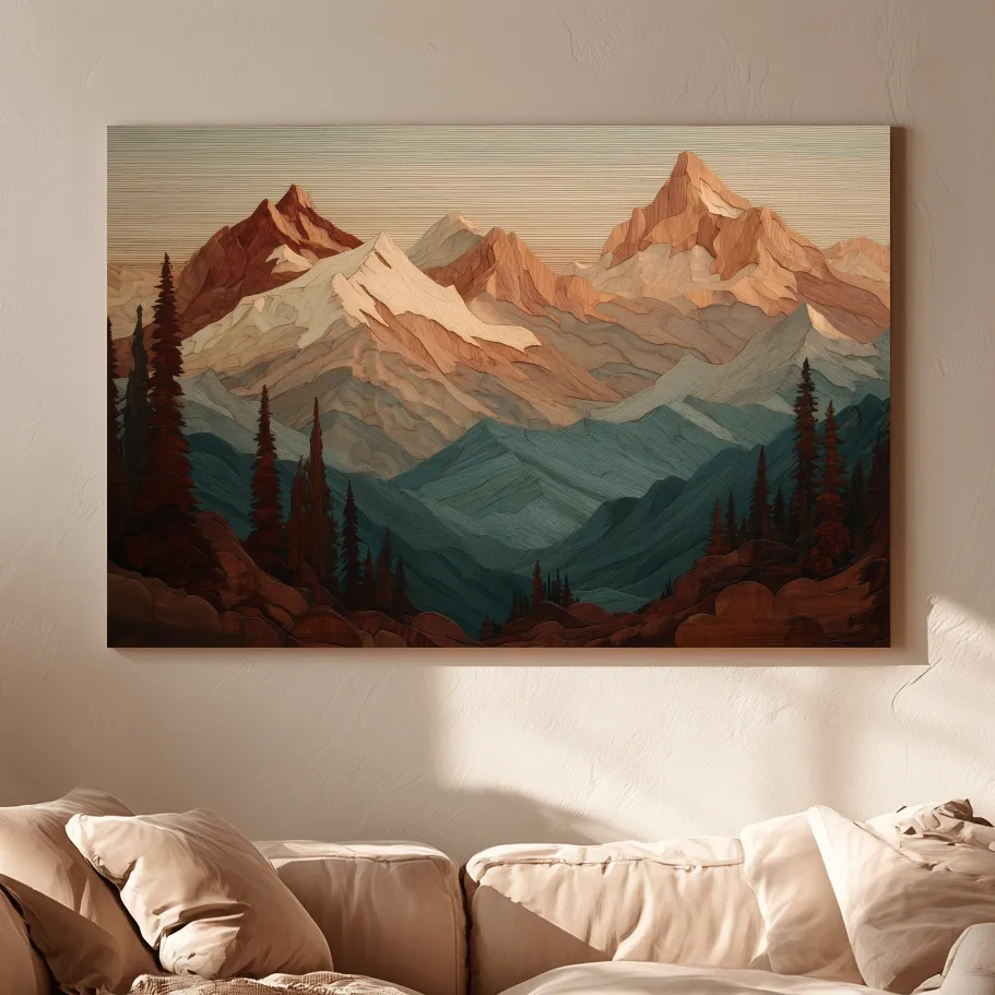 Layered Wood Alpine Mountain Range - Textured Topographic Landscape Wall Art