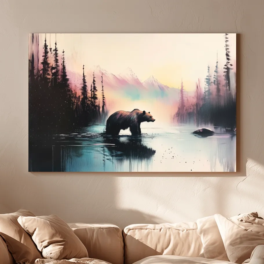 Moody Watercolor Grizzly Bear Lake Reflection - Misty Mountain Wilderness Wall Art