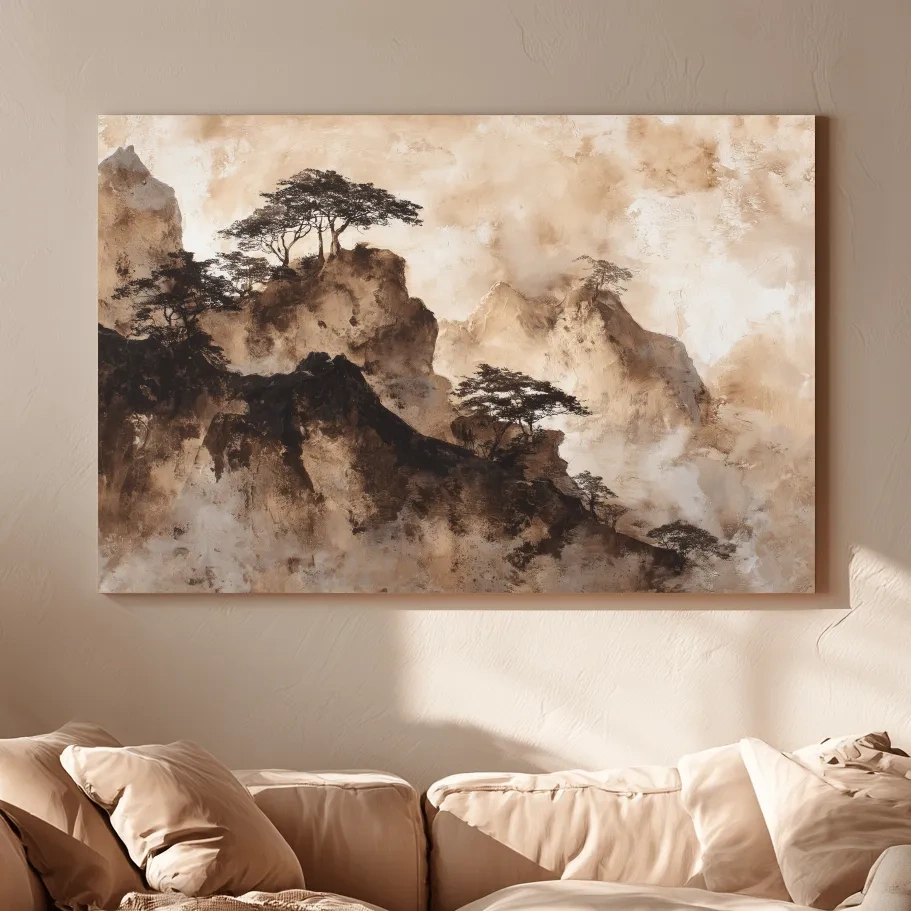 Sepia Japandi Mountain Ridge Painting - Atmospheric Ink Wash Art