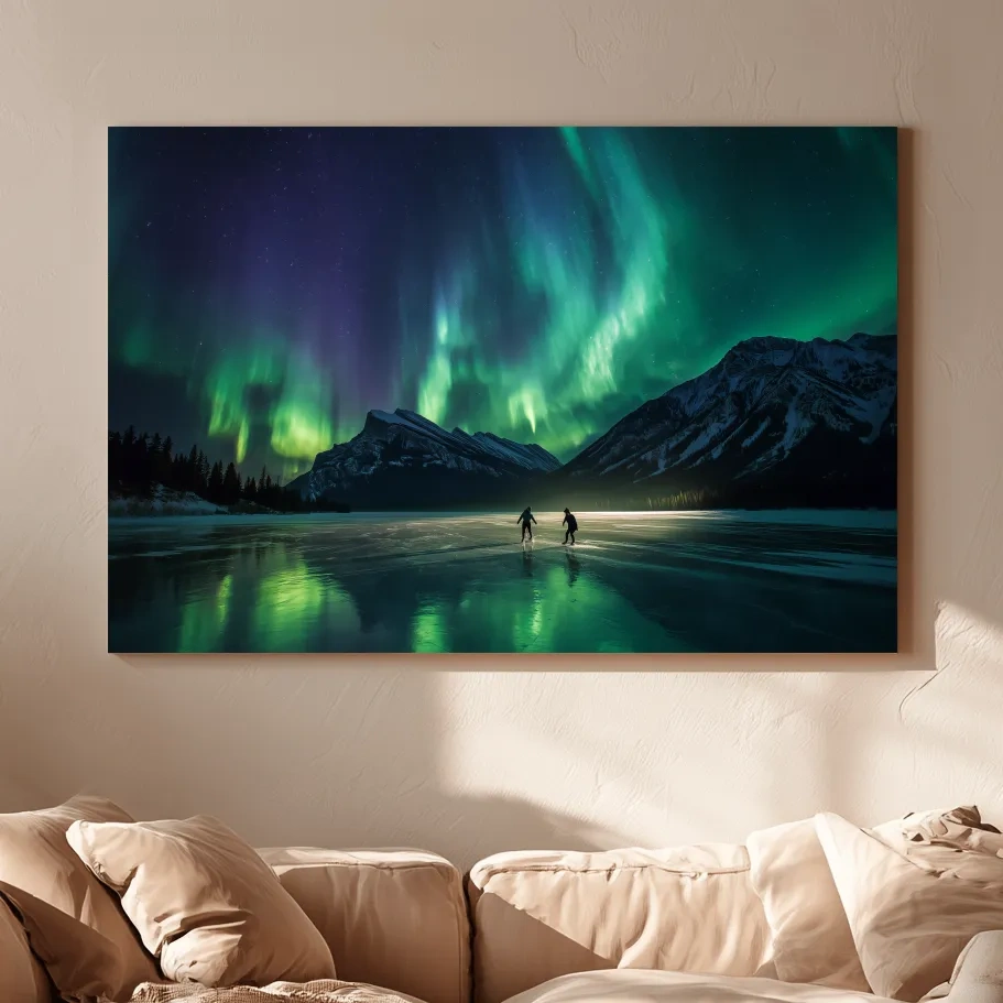 Ice Skaters Under Vibrant Northern Lights - Aurora Borealis Photographic Wall Art