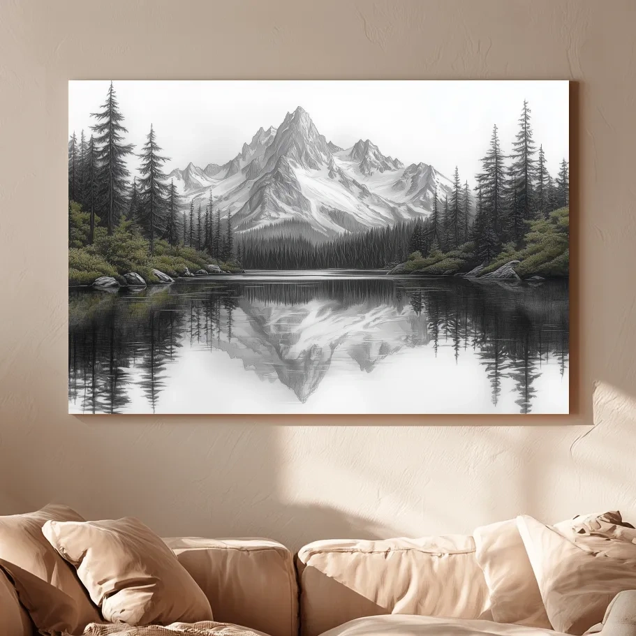 Monochrome Alpine Mountain Lake Reflection Sketch Artwork - Minimalist Forest Landscape Wall Art