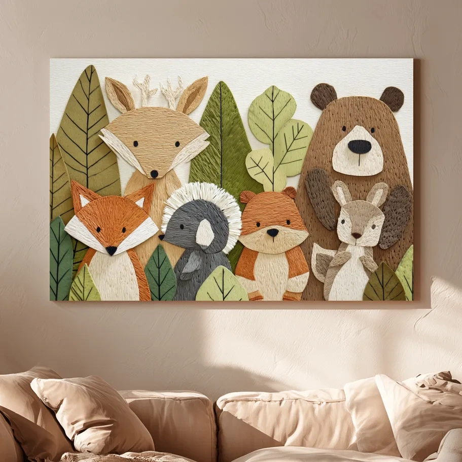 Woodland Animal Nursery Decor - Cute Forest Animals Embroidery Style Wall Art