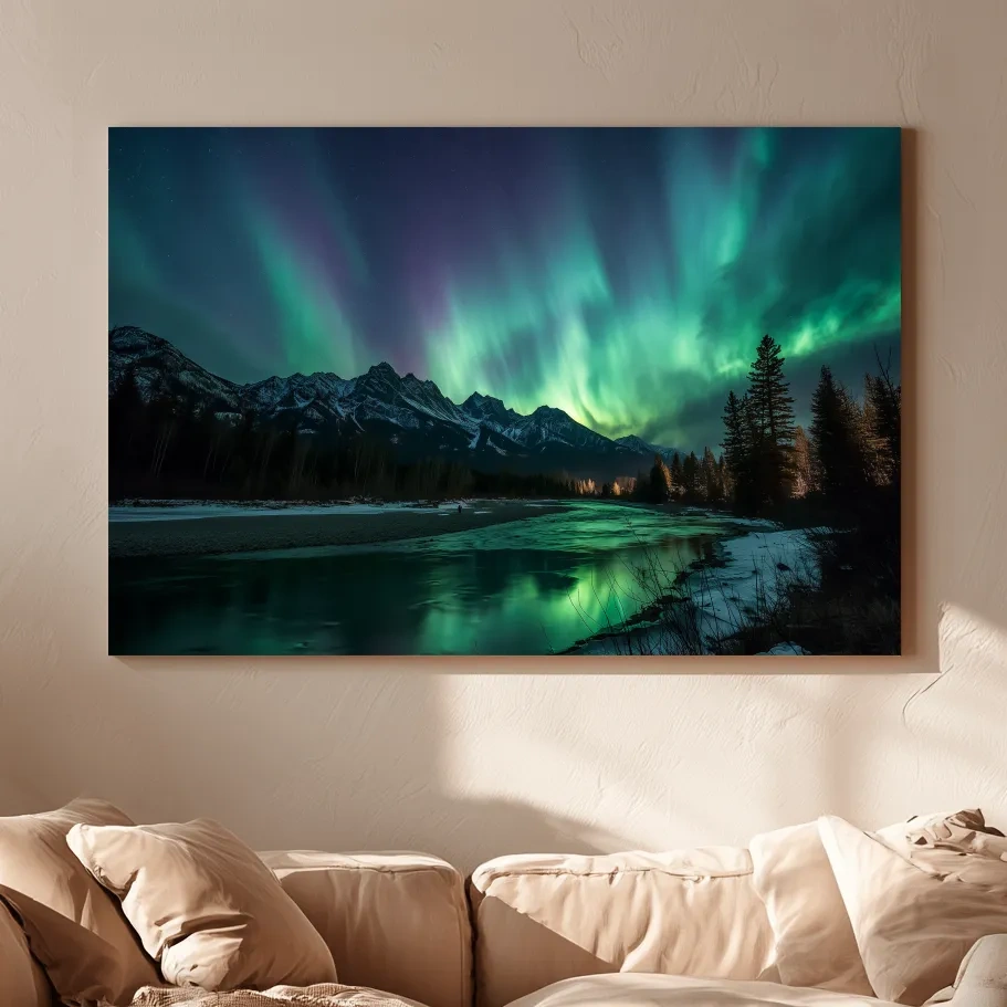 Vibrant Green Northern Lights Over Frozen Lake - Aurora Borealis Landscape Wall Art