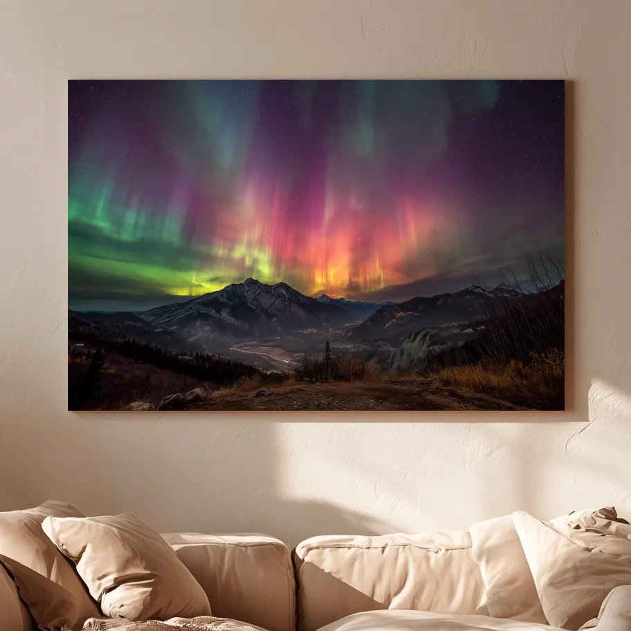 Vibrant Aurora Borealis Over Mountain Range - Colorful Northern Lights Landscape Wall Art