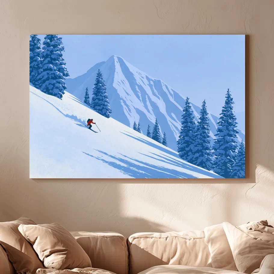 Minimalist Snowy Mountain Skier Landscape - Winter Alpine Illustration Wall Art