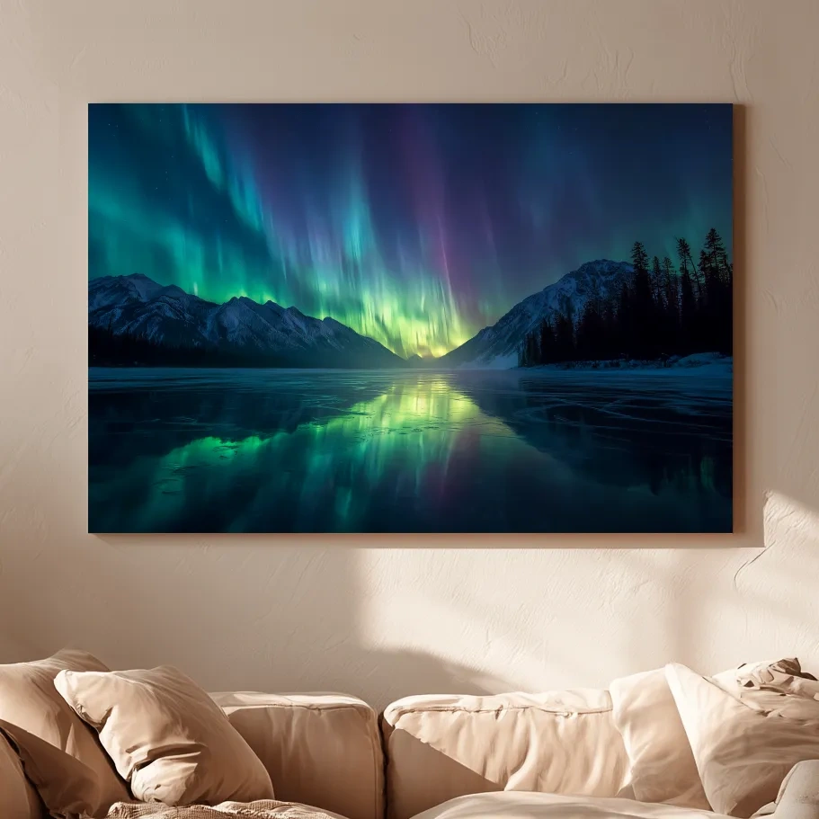 Vibrant Northern Lights Over Icy Mountain Lake - Aurora Borealis Wall Art