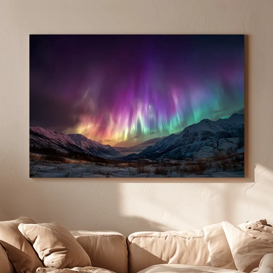 Vibrant Aurora Borealis Over Snowy Mountains - Northern Lights Night Sky Wall Art
