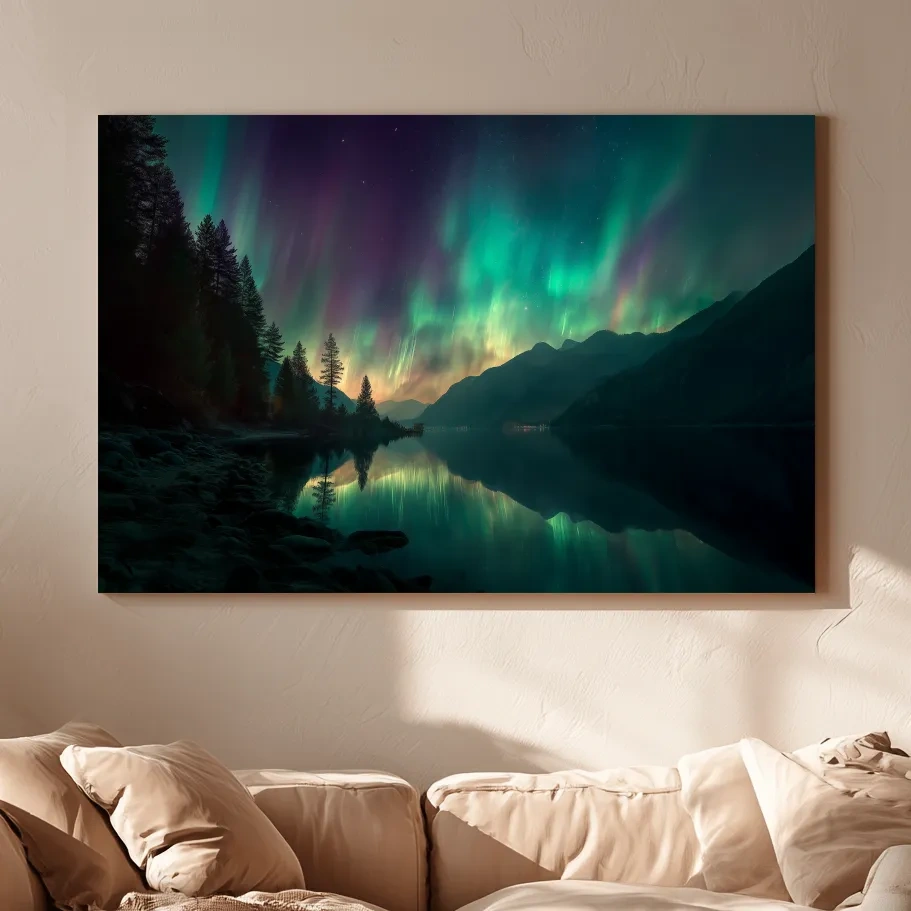 Vibrant Northern Lights Lake Reflection - Aurora Borealis Mountain Wall Art