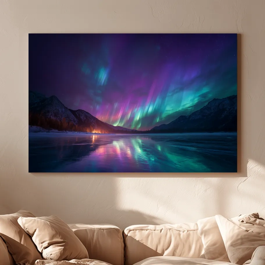 Vibrant Aurora Borealis Over Frozen Lake - Northern Lights Mountain Wall Art