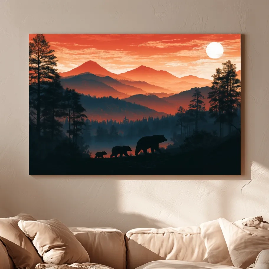 Mountain Sunset Bear Family Silhouettes - Wilderness Landscape Artwork