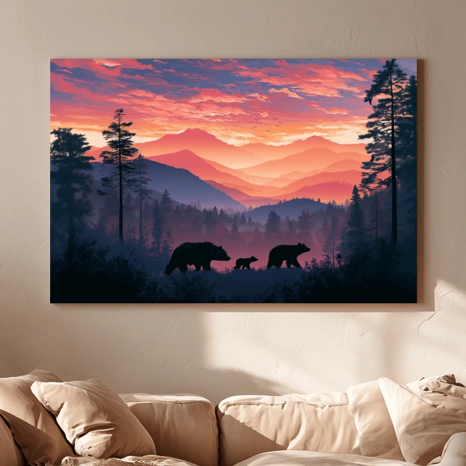 Moody Sunset Mountain Bear Family Silhouettes - Wildlife Wall Art
