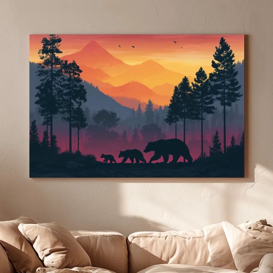 Sunset Momma Bear & Cubs Silhouette - Forest Wildlife Wall Art