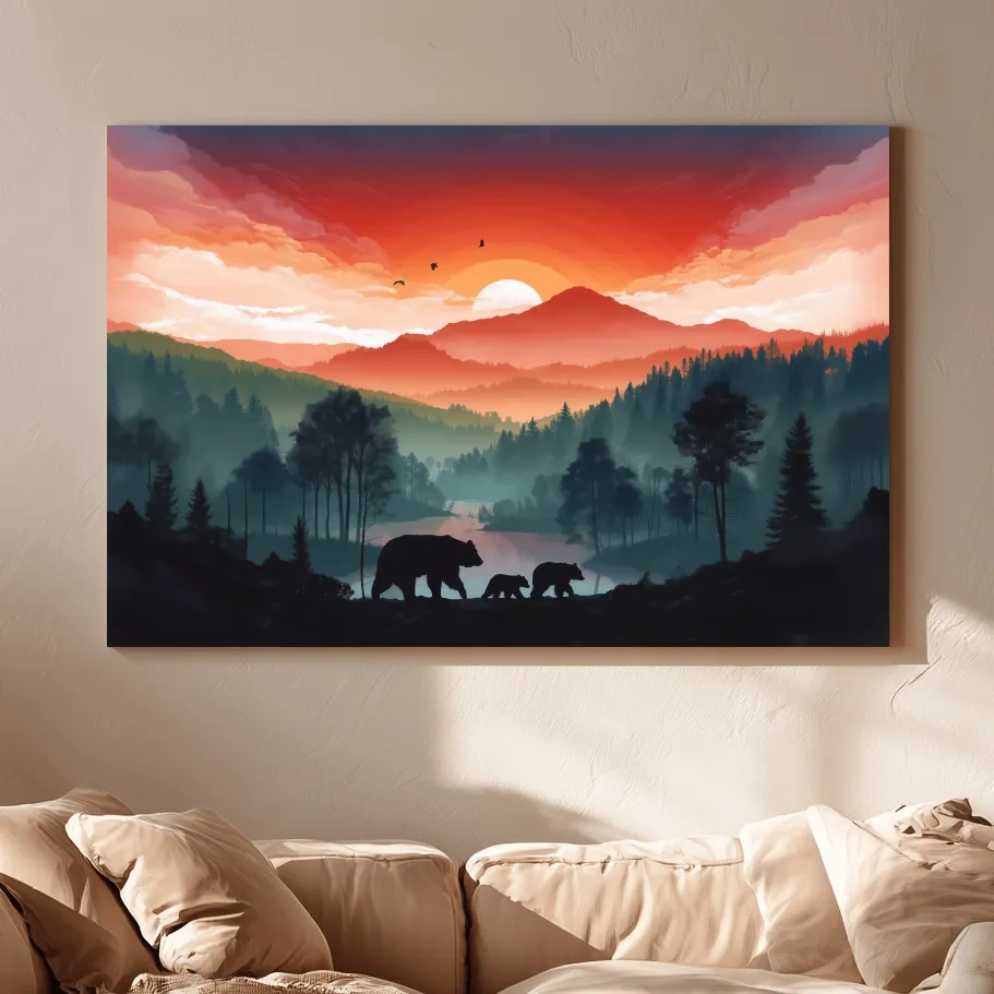 Sunset Bear Family Silhouette Landscape - Misty Mountain Forest Wall Art