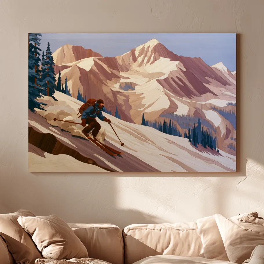 Backcountry Skier Descending Snowy Alpine Peaks - Modern Outdoor Adventure Wall Art