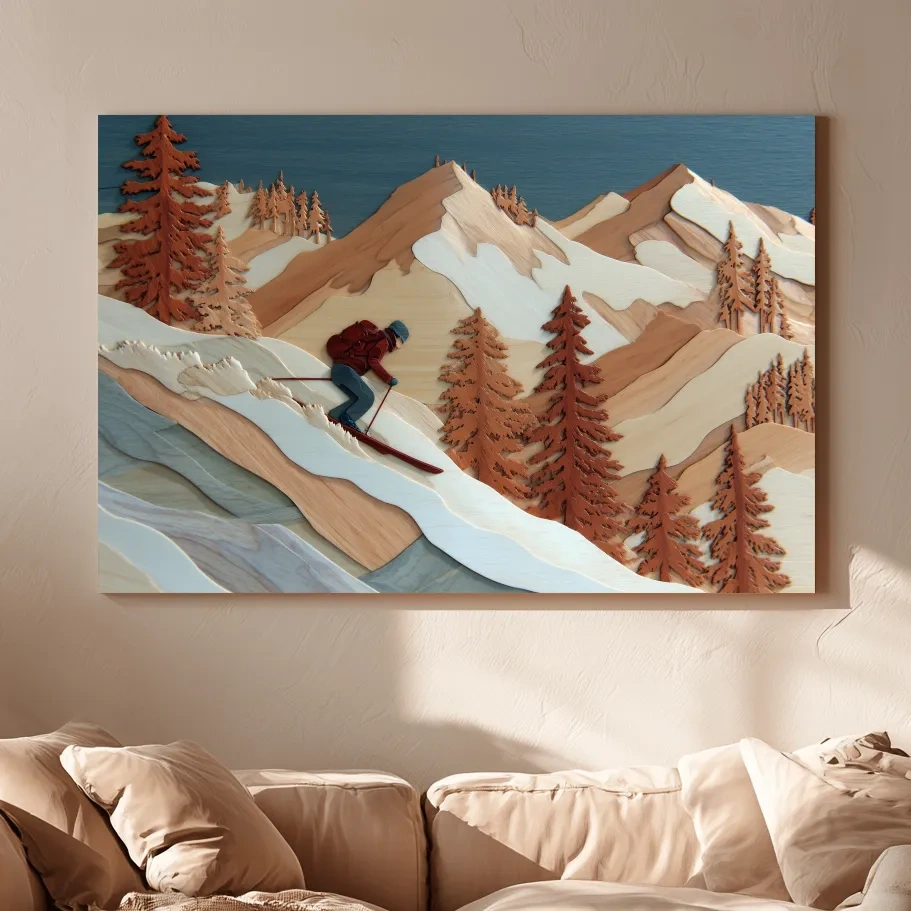 Wood Intarsia Style Skier Mountain Scene - Winter Alpine Wall Art