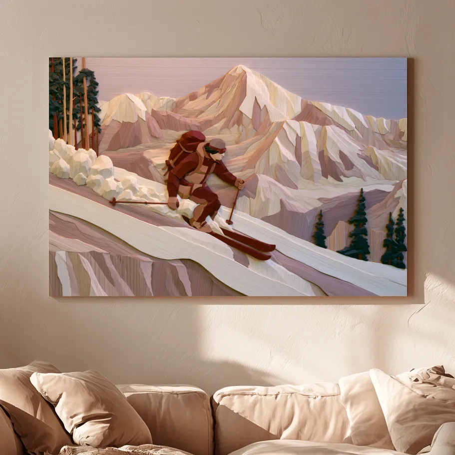 Geometric Backcountry Skier In Alpine Peaks - Winter Mountain Adventure Wall Art