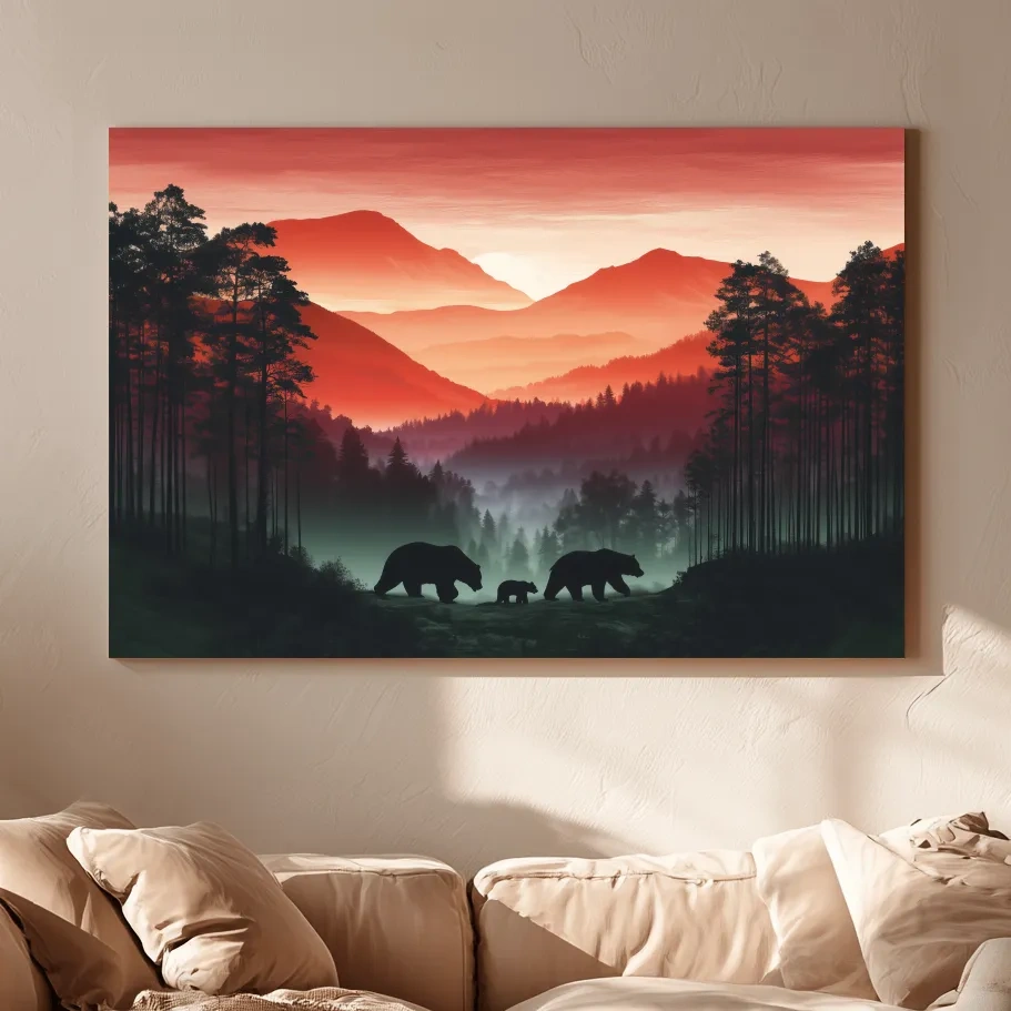 Moody Sunset Mountain Bear Family Silhouettes - Misty Forest Wildlife Wall Art