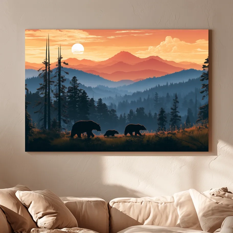 Bear Family Silhouettes - Mountain Sunset Wildlife Wall Art
