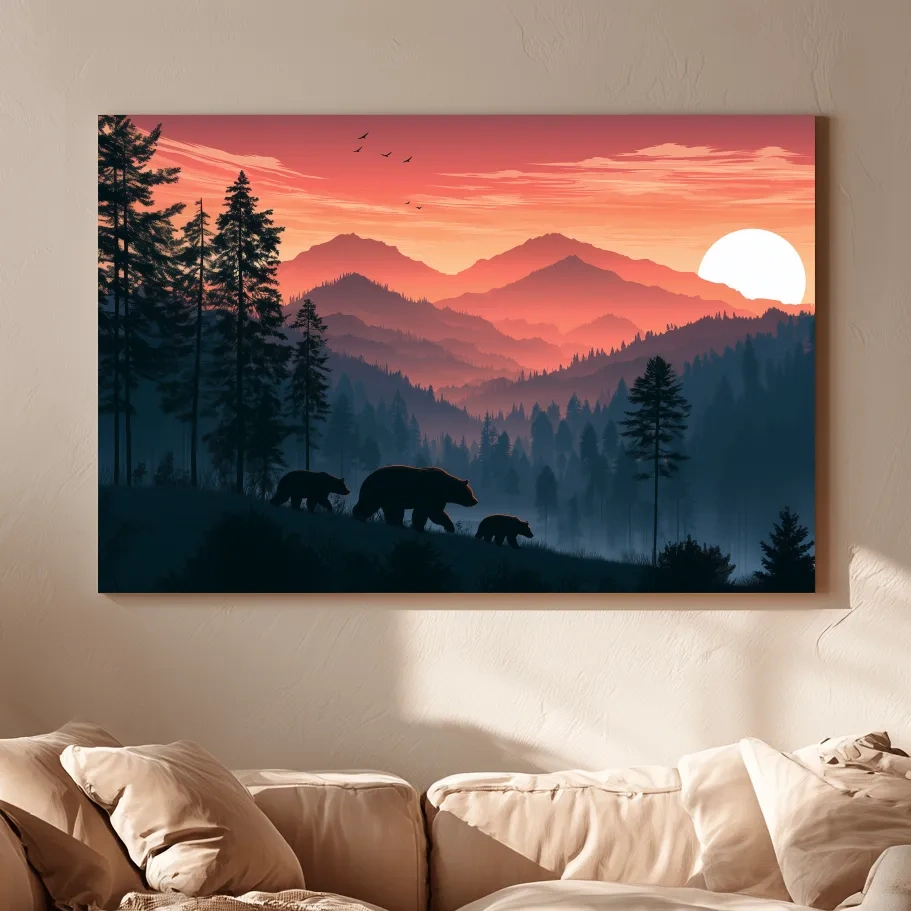 Bear Family Silhouette Mountain Sunset - Wildlife Landscape Wall Art