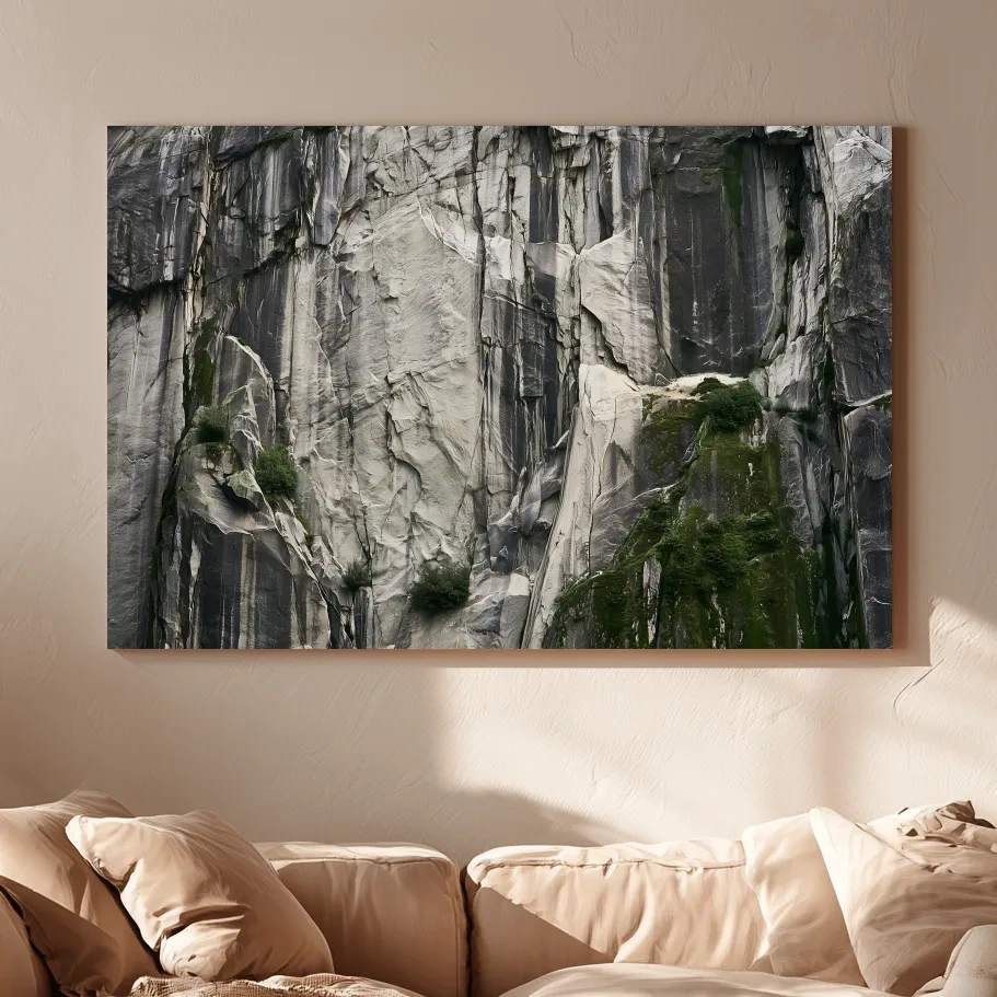 Textured Granite Cliff Face Photography - Moody Monochrome Rock Wall Art