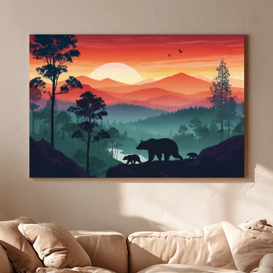 Sunset Mama Bear & Cubs Silhouette - Misty Forest Landscape Artwork