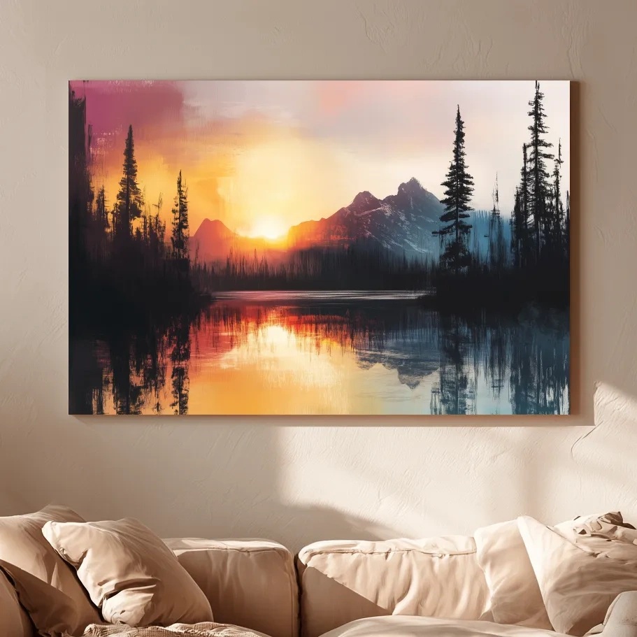 Sunset Mountain Lake Reflection Painting - Dramatic Pine Forest Landscape Wall Art