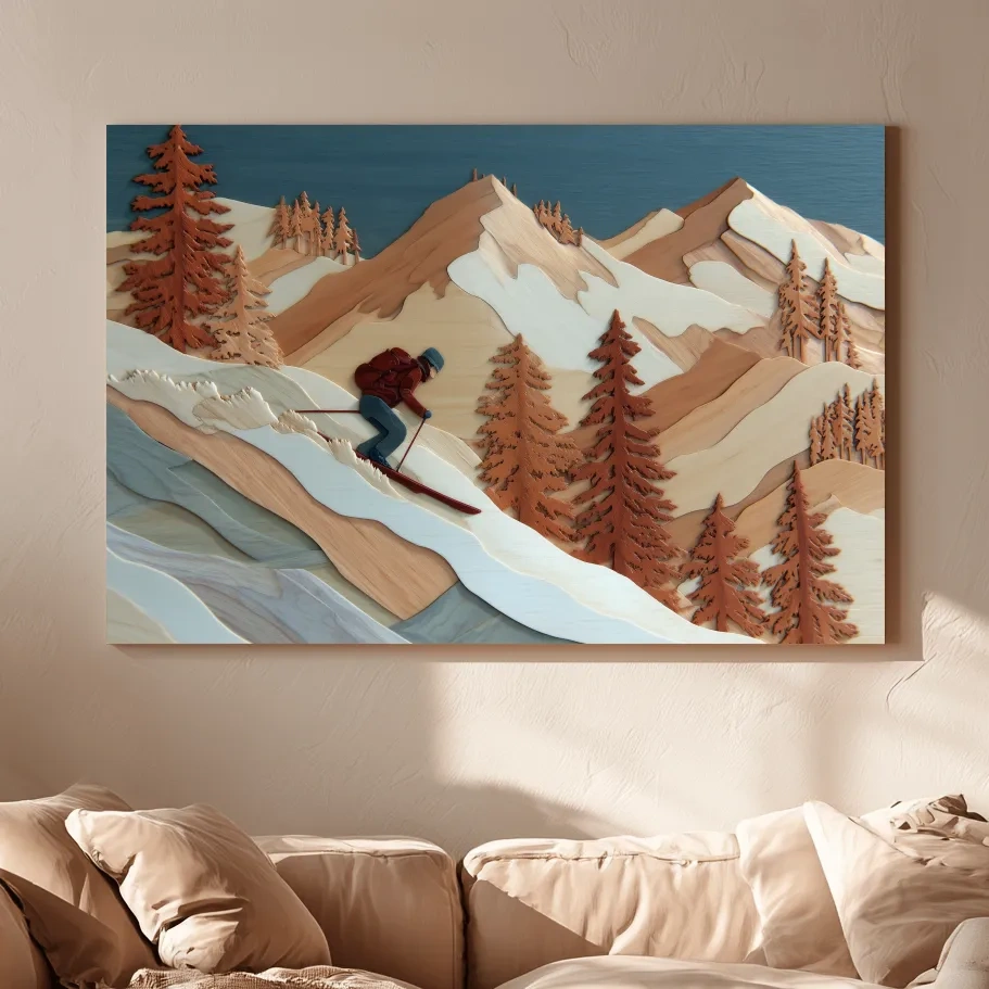 Wood Intarsia Style Skier Mountain Scene - Winter Alpine Wall Art