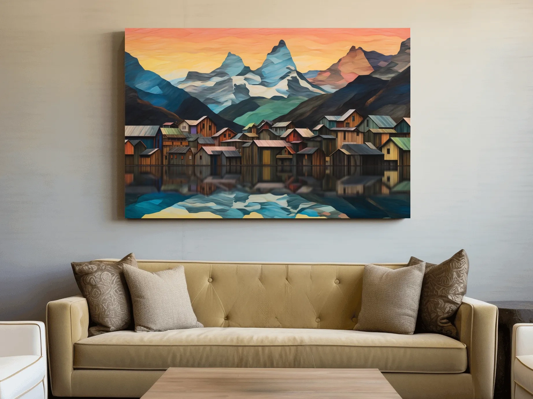 Alpine Mountain Village Reflections - Colorful Paper Cut Style Wall Art