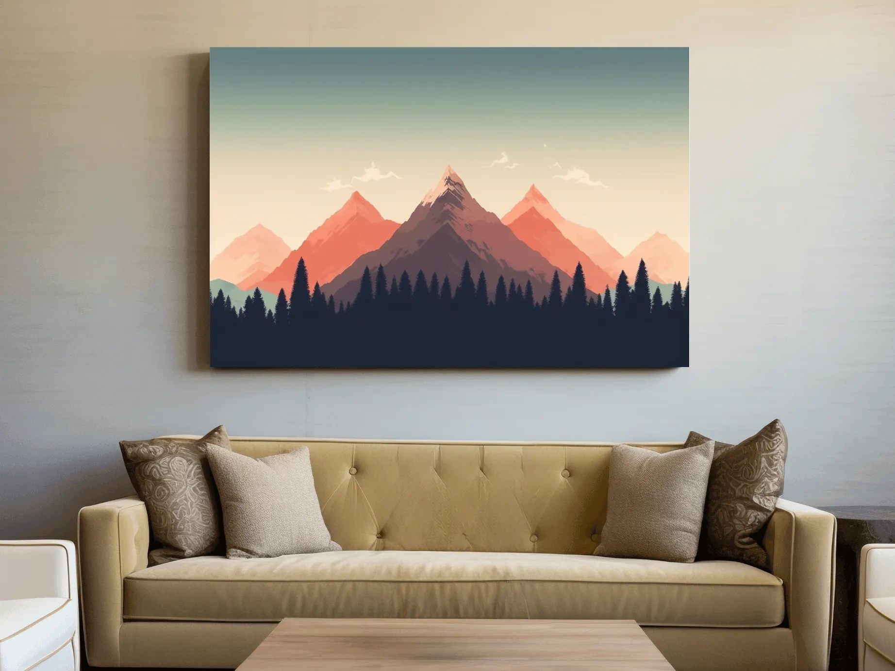 Minimalist Alpine Mountain Sunrise Artwork - Modern Scandinavian Forest Wall Art