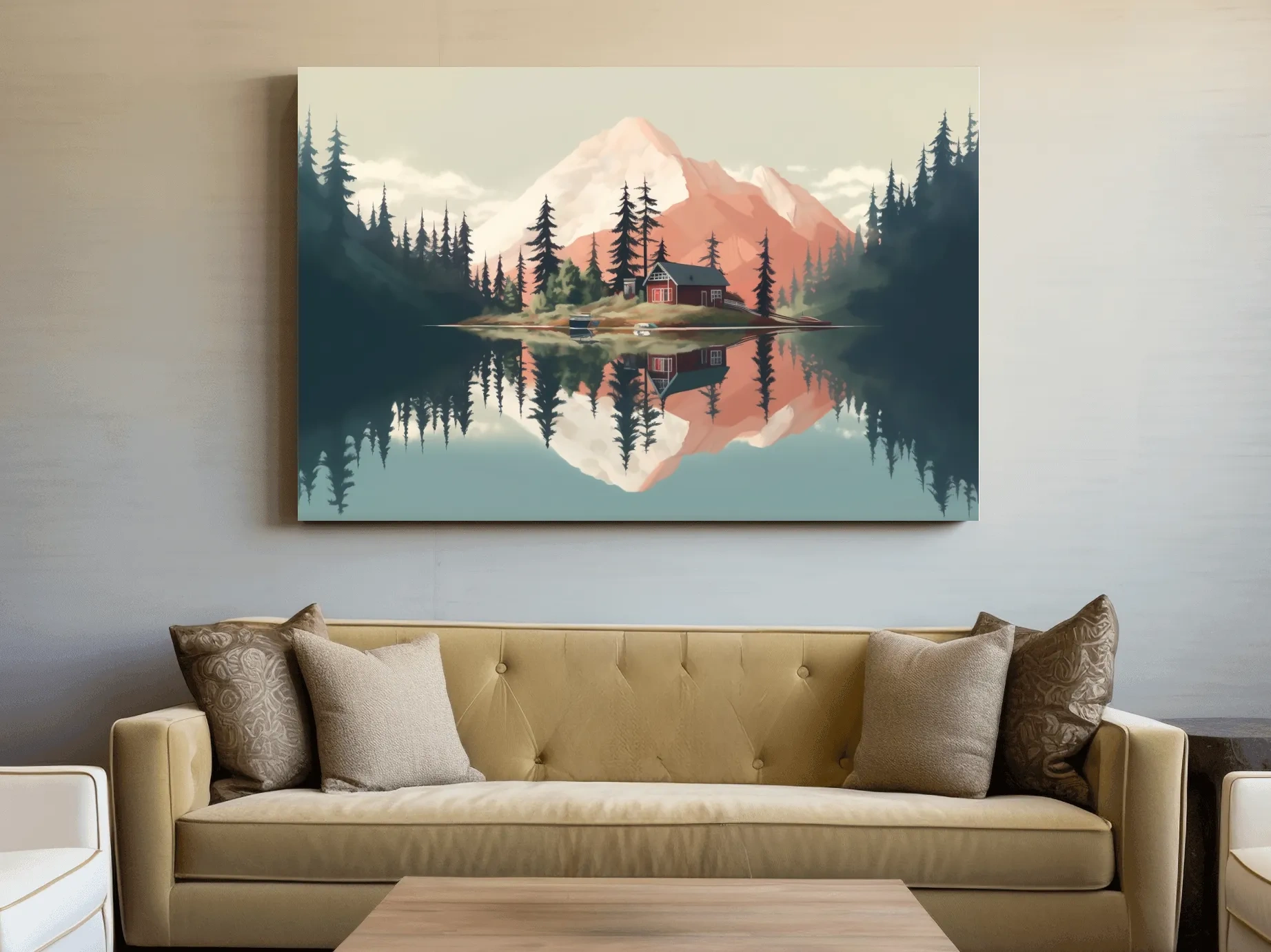 Serene Alpine Lake Cabin Artwork - Minimalist Mountain Landscape Wall Art