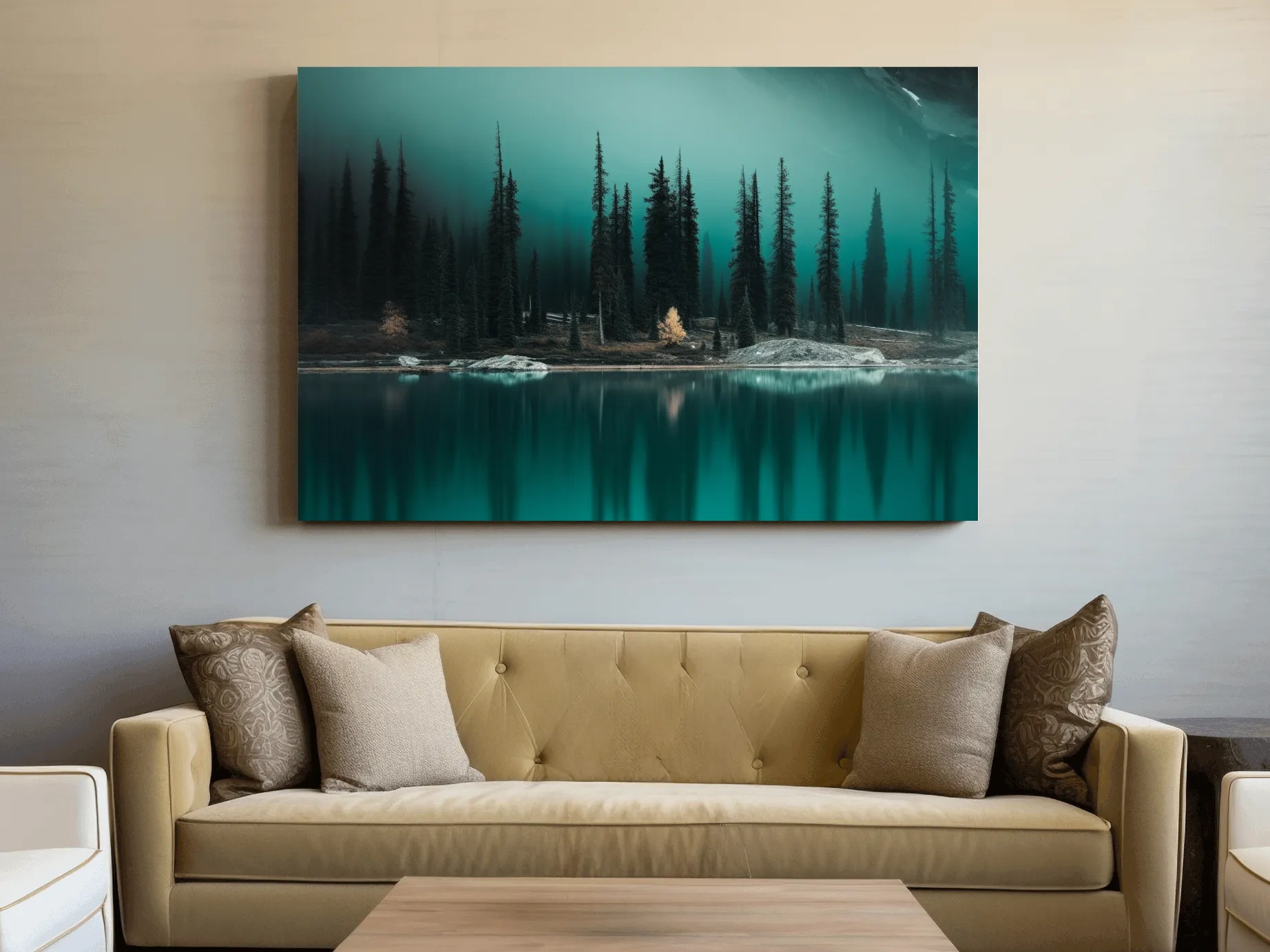Misty Pine Forest Turquoise Alpine Lake - Serene Mountain Landscape Wall Art