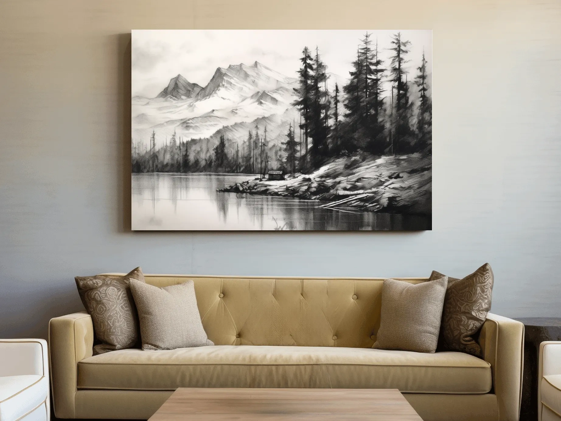 Monochrome Mountain Lake Charcoal Sketch - Pine Forest Landscape Wall Art