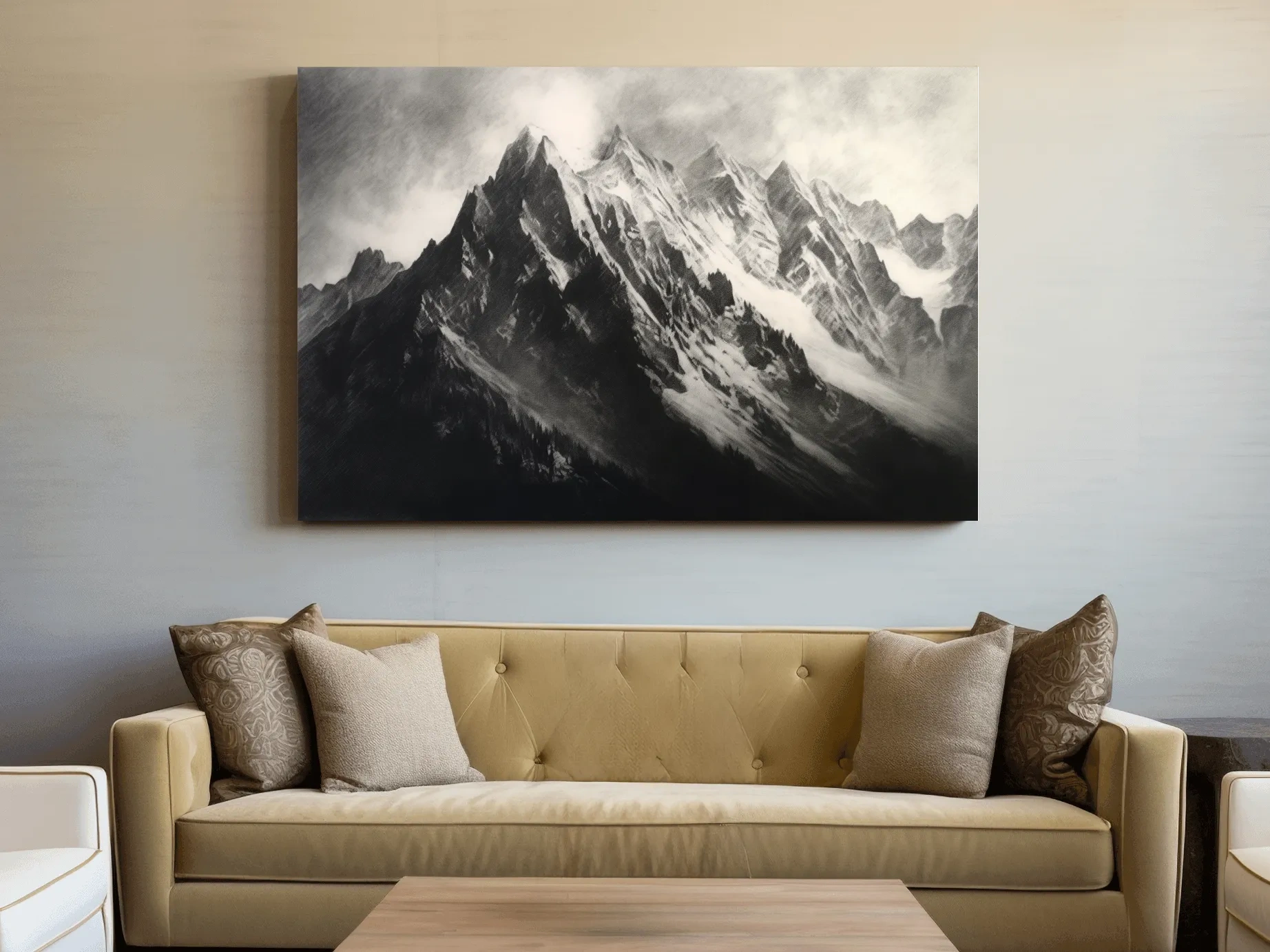 Moody Monochrome Snowy Mountain Peaks - Dramatic Charcoal Landscape Artwork