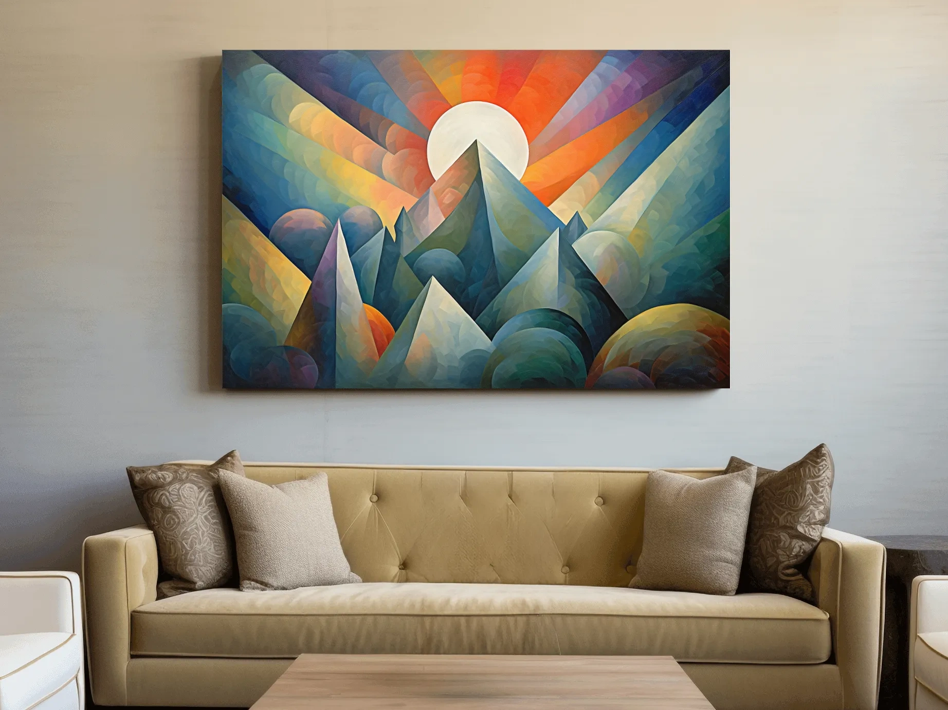 Vibrant Mountain Sunrise Painting - Abstract Alpine Landscape Wall Art