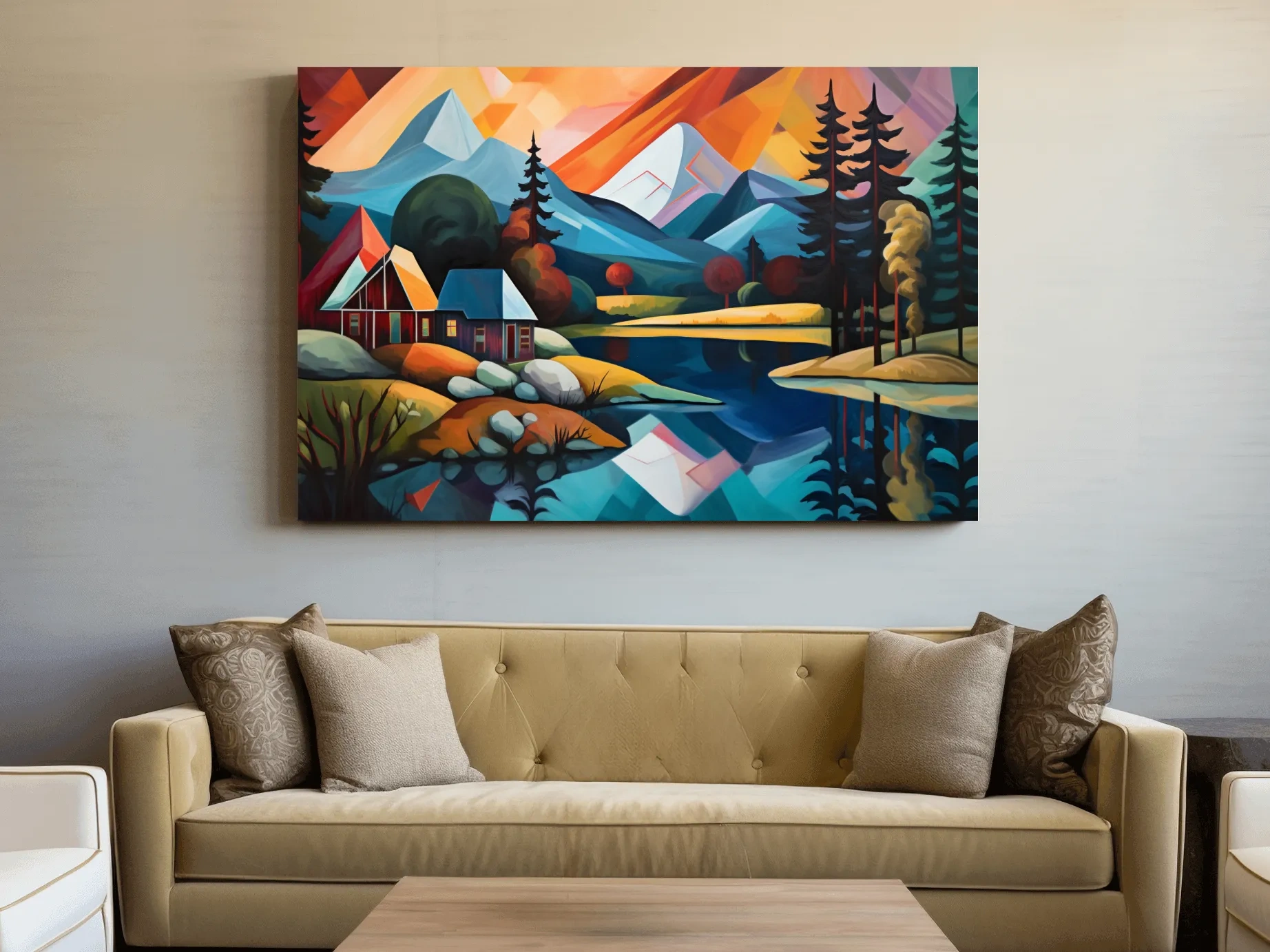 Vibrant Geometric Mountain Lake Cabin Oil Painting - Modern Abstract Wall Art