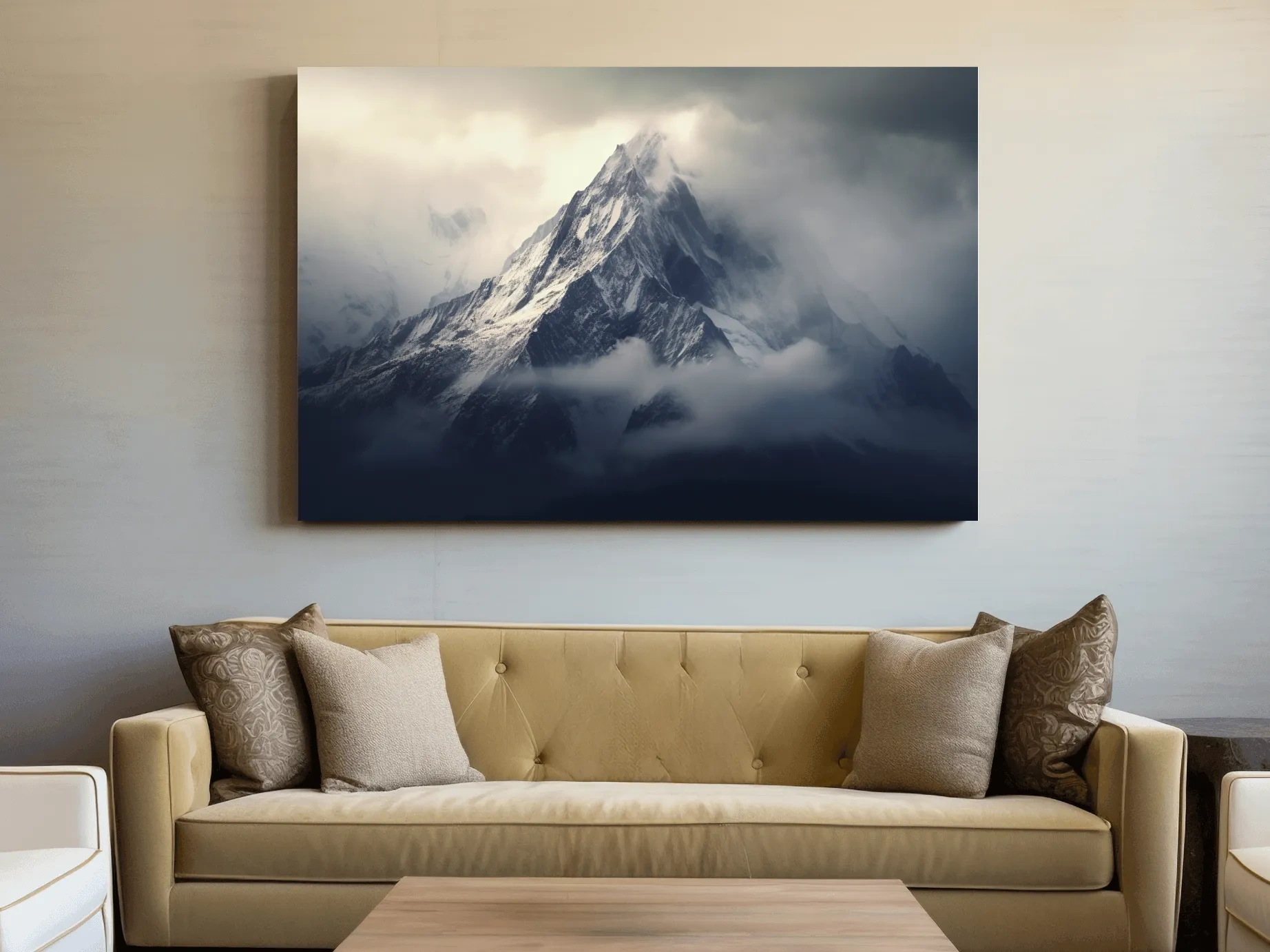 Cloudy Snowcapped Peak Landscape - Dramatic Mountain Photography Wall Art