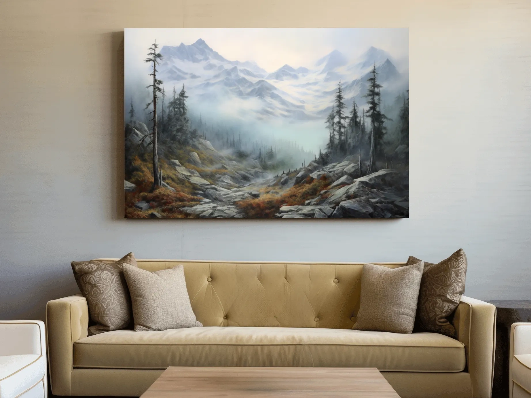 Misty Alpine Valley Painting - Moody Foggy Mountain Landscape Wall Art