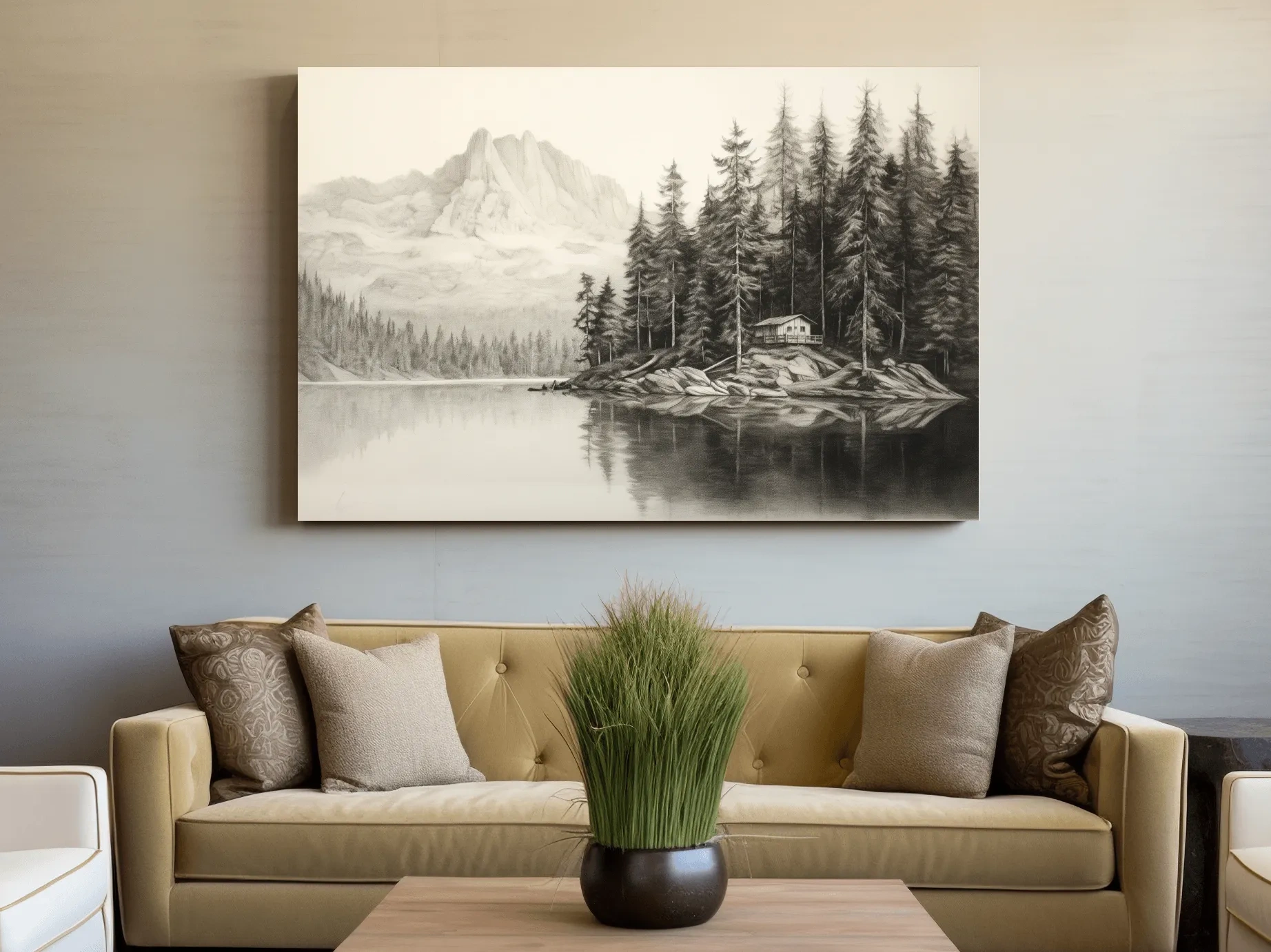 Lead pencil drawing of a cabin by the lake