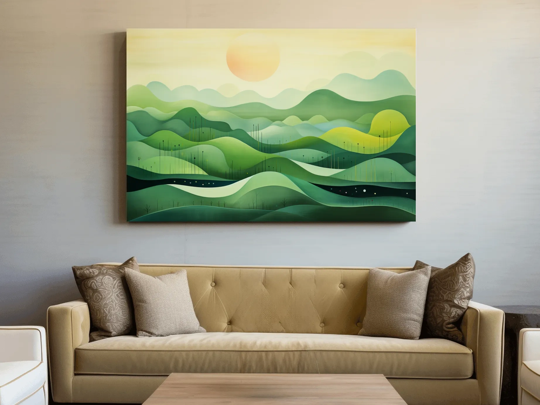 Minimalist Layered Green Rolling Hills - Serene Abstract Landscape Wall Art