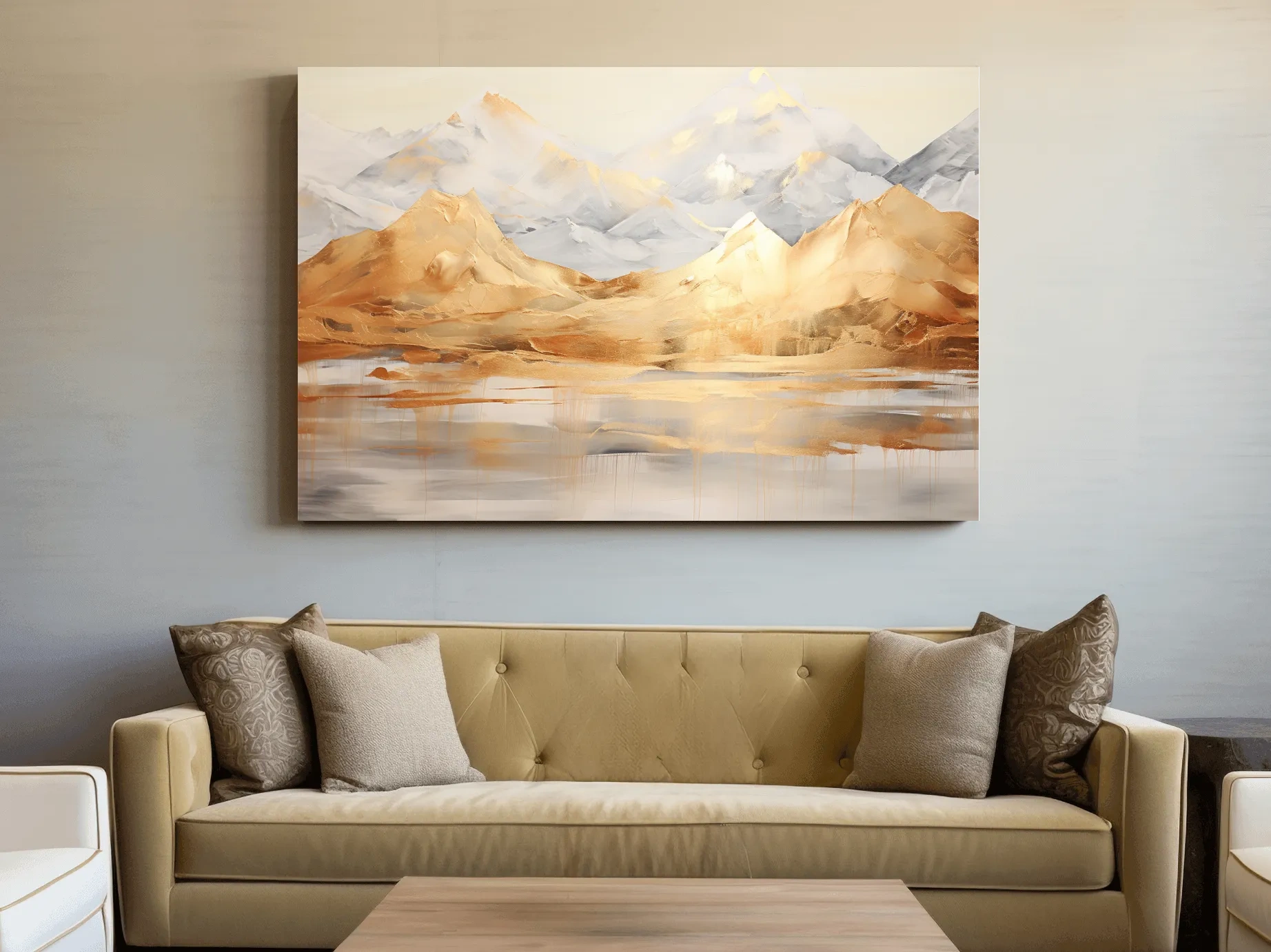 Luxe Golden Abstract Mountain Lake Painting - Elegant Landscape Wall Art