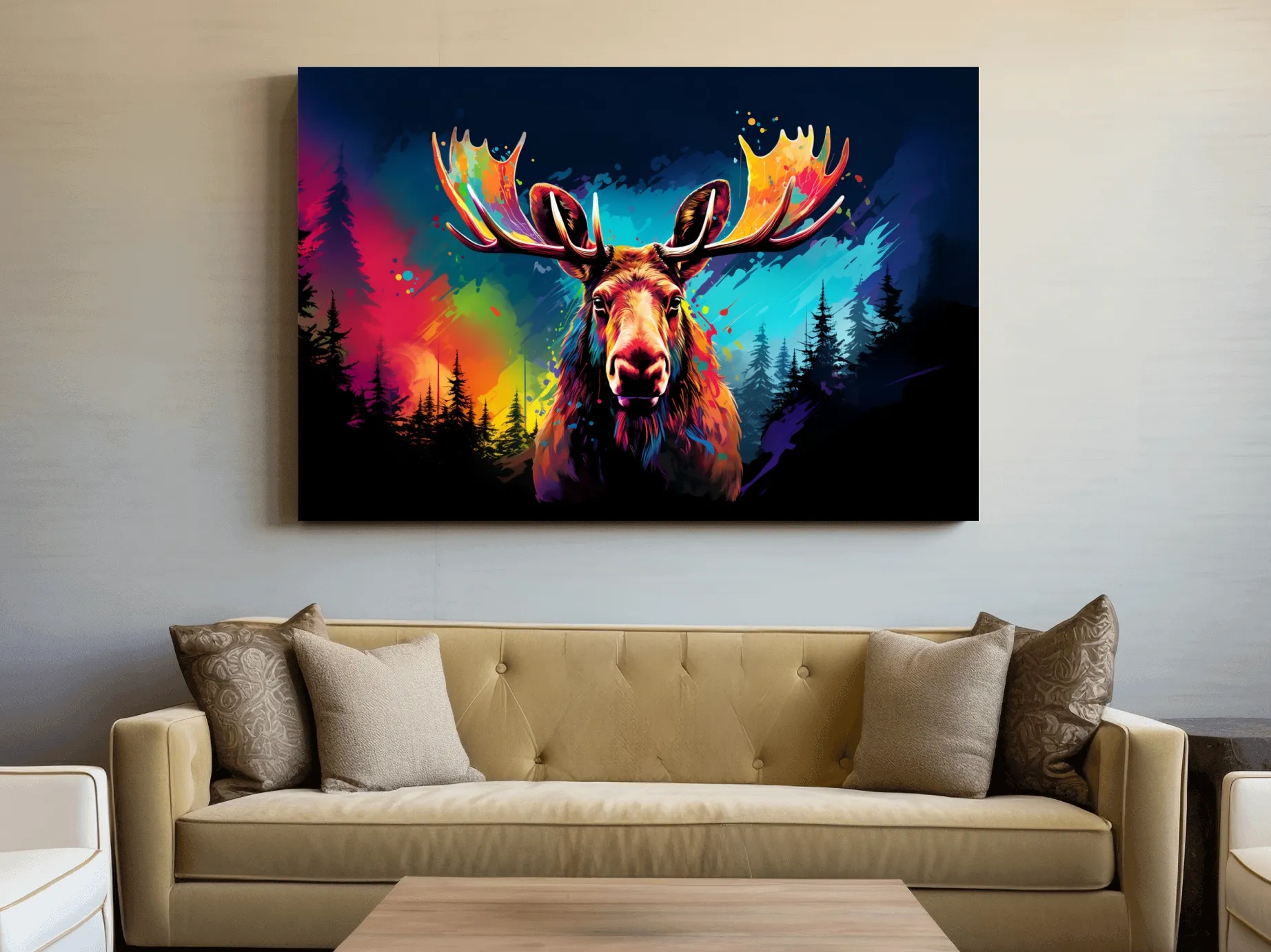 Vibrant Abstract Retro Moose Portrait - Colorful Splash Paint Wildlife Wall Art