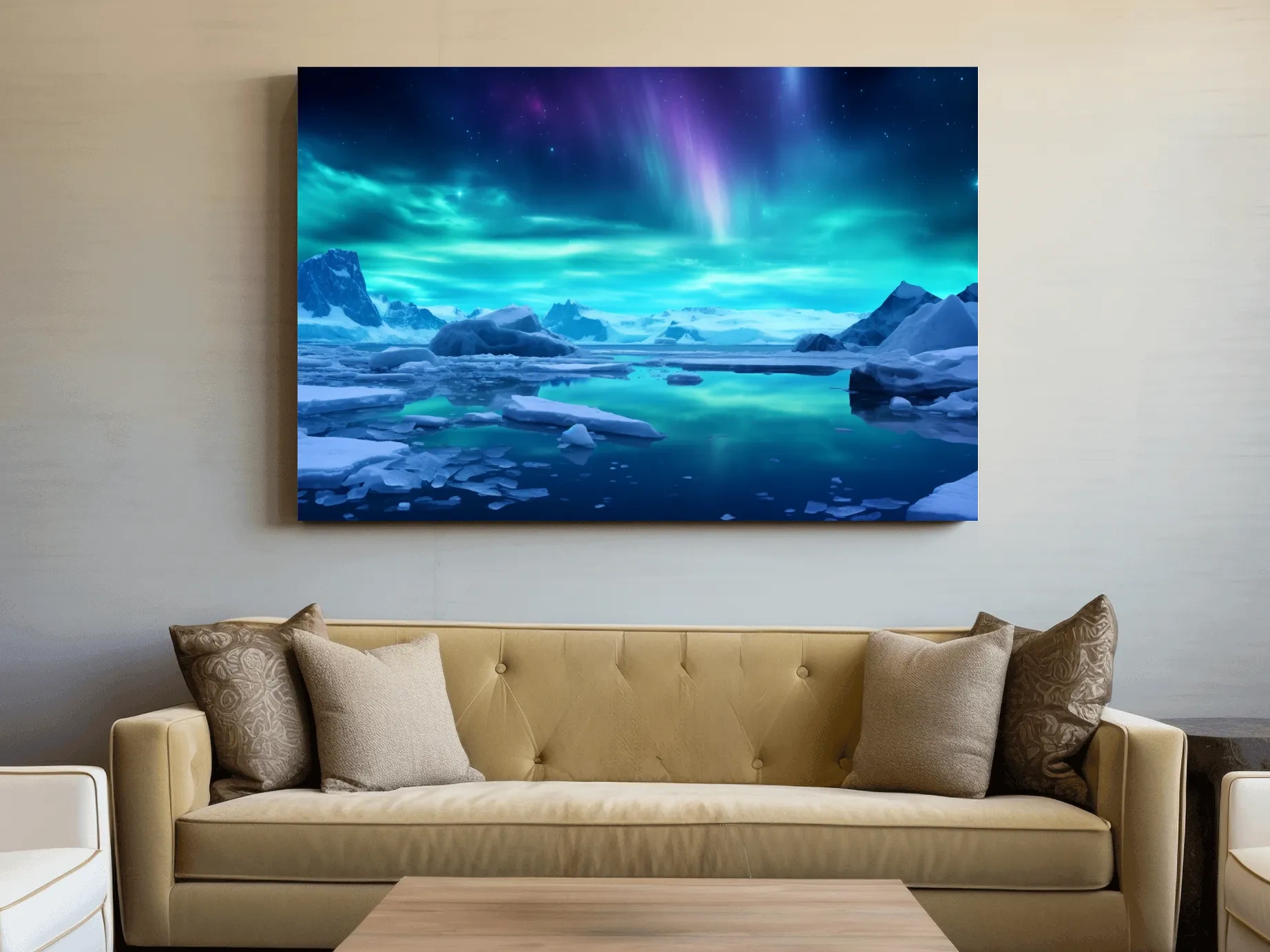 Vibrant Arctic Aurora Over Icebergs - Polar Night Photographic Wall Art