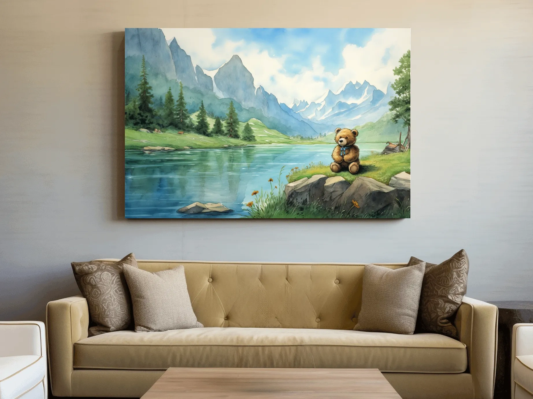 Whimsical Teddy Bear By Mountain Lake - Cute Watercolor Nursery Wall Art