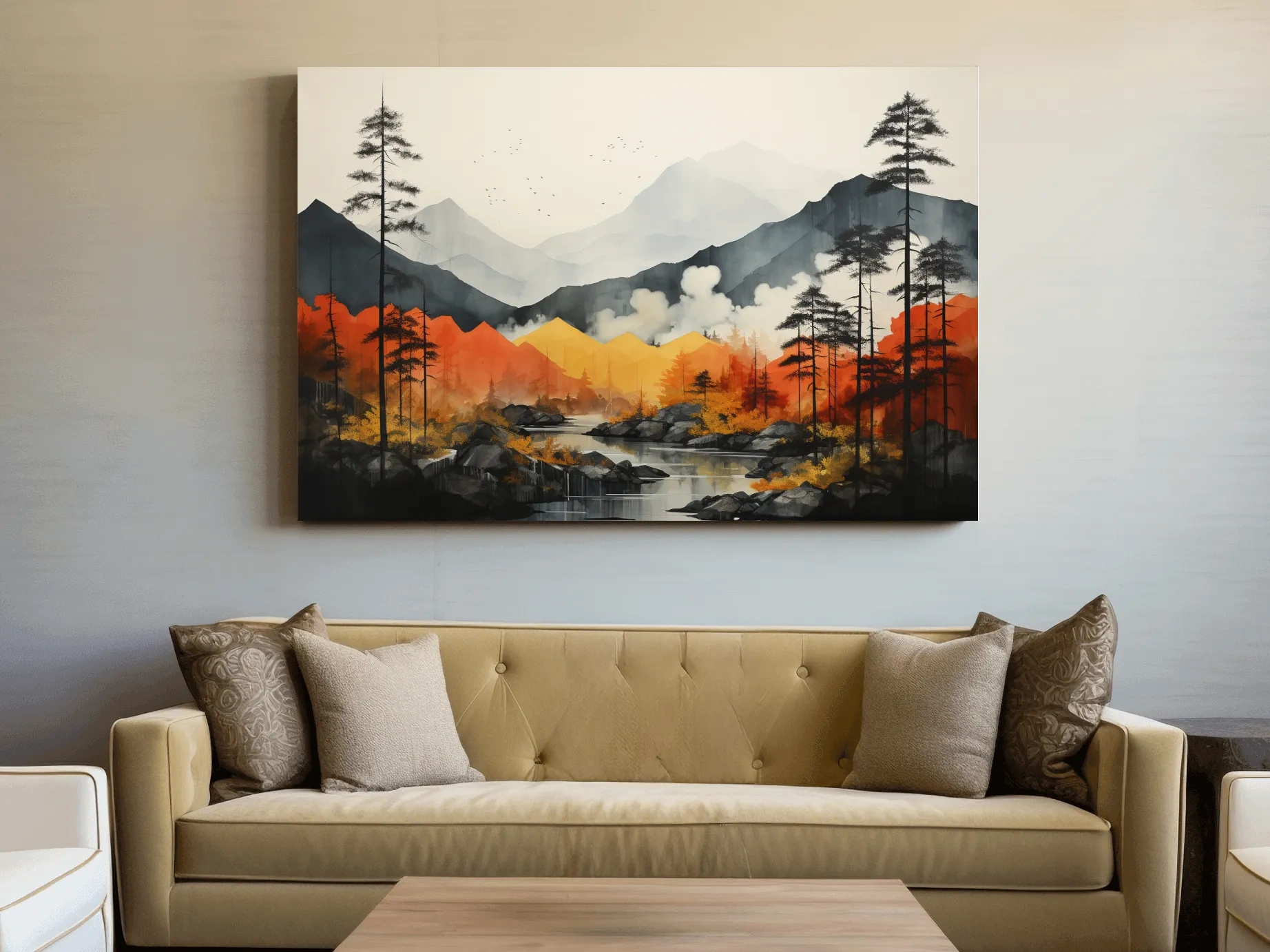 Surreal Mountain Lake Landscape - Autumn Forest Watercolor Wall Art