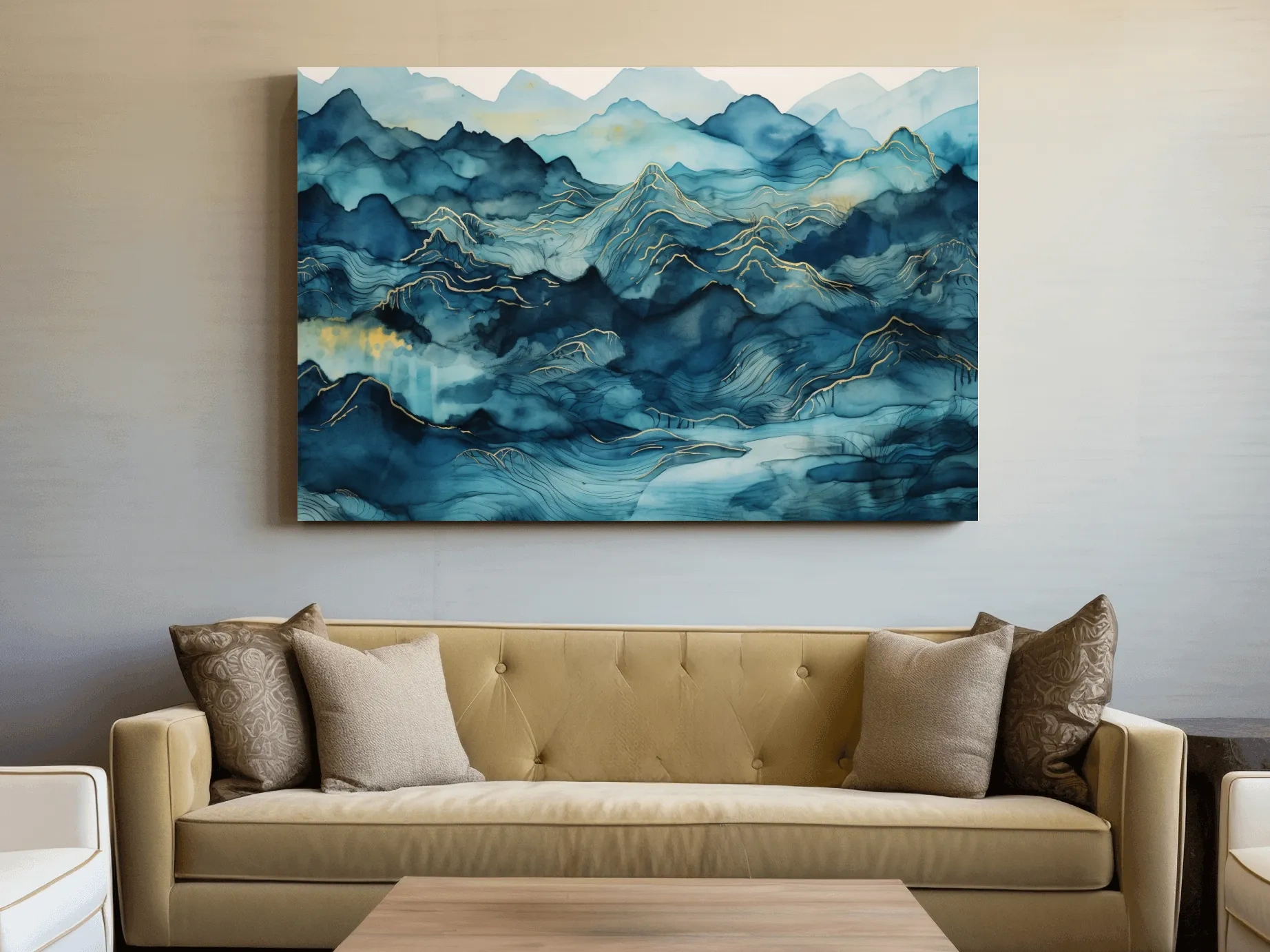 Watercolor Mountain Range With Gold Linework - Abstract Landscape Wall Art