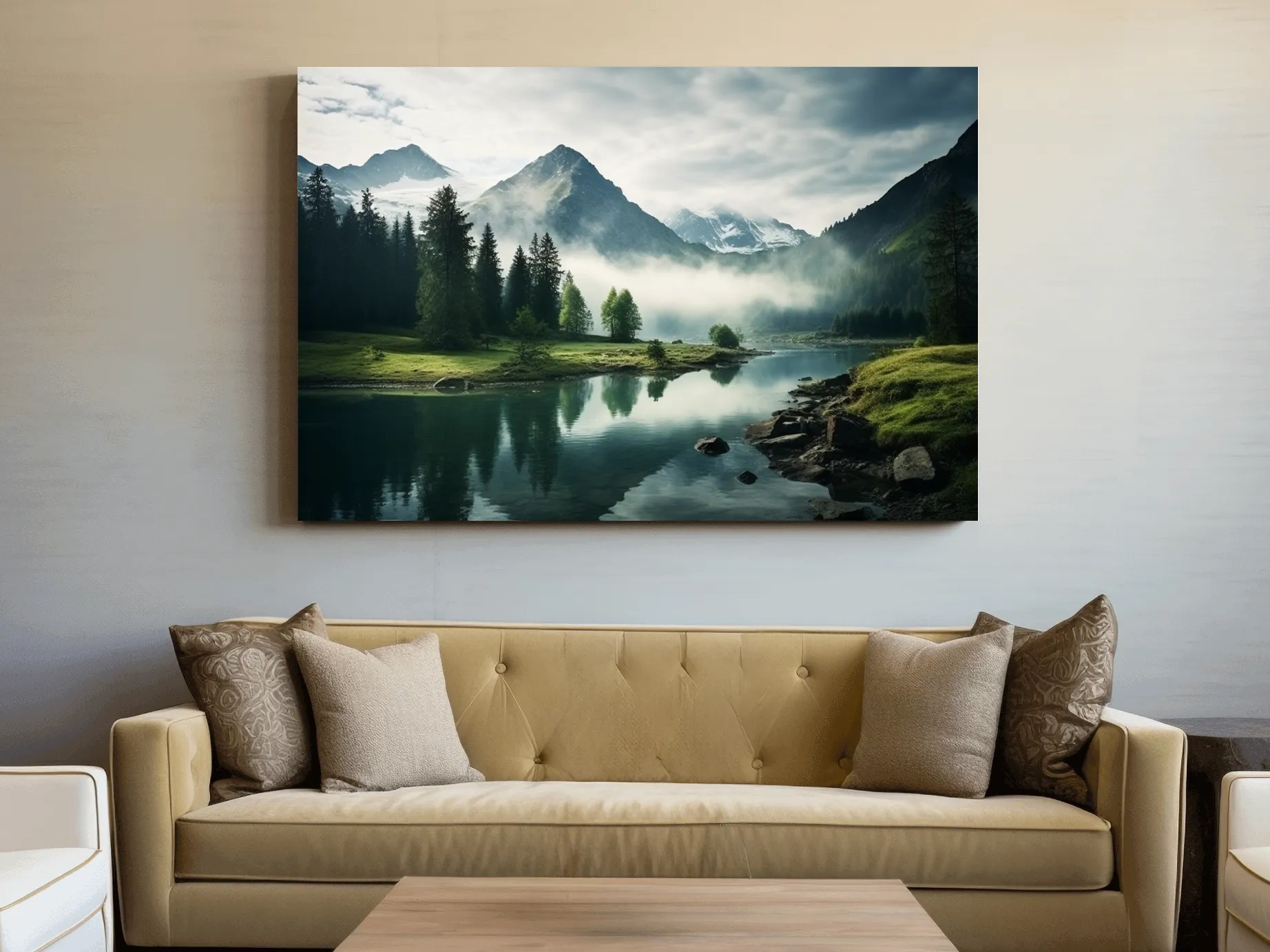 Misty Alpine Lake Reflection Landscape - Mountain Forest Photographic Wall Art