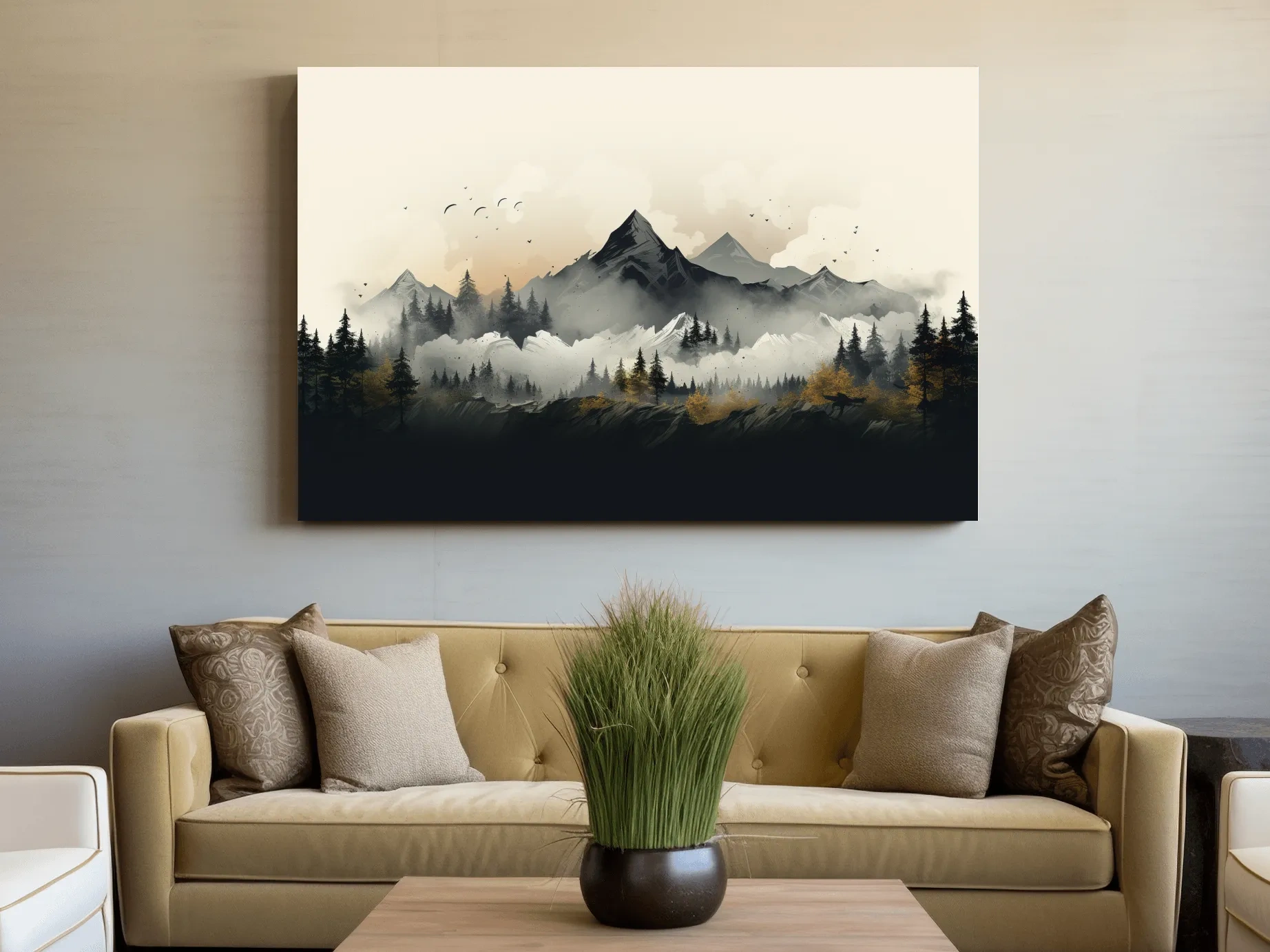 Illustration of treelined mountains